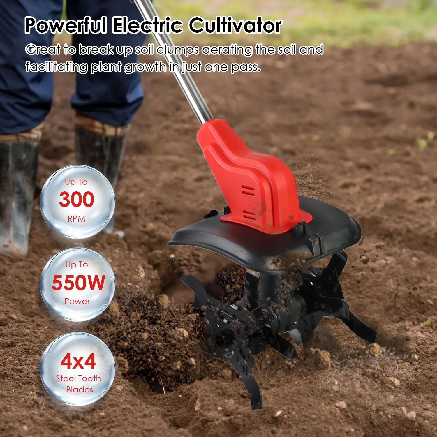 Portable Cordless Electric Tiller - 550W 300RPM Power, 16 Steel Tines, 4000mAh Battery , Safety Protection + Auxiliary Handle, Ideal for Lawn/Soil Preparation/Gardening photo 6