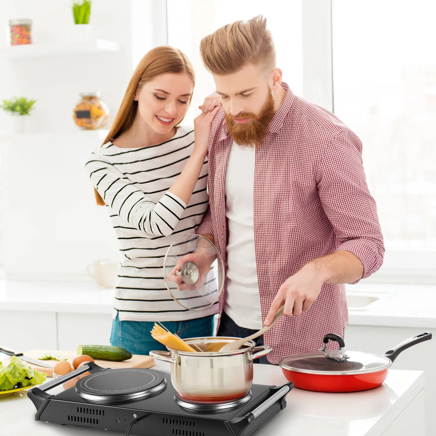 Dual Hot Plate Electric Cooktop - 800W+1000W Power, 6.3in+7.5in Silicon Crystal Glass Plates, 5 Stepless Heating Gears, Thermostat Control & Easy Cleaning, Portable for Dorms/RVs/Camping photo 3