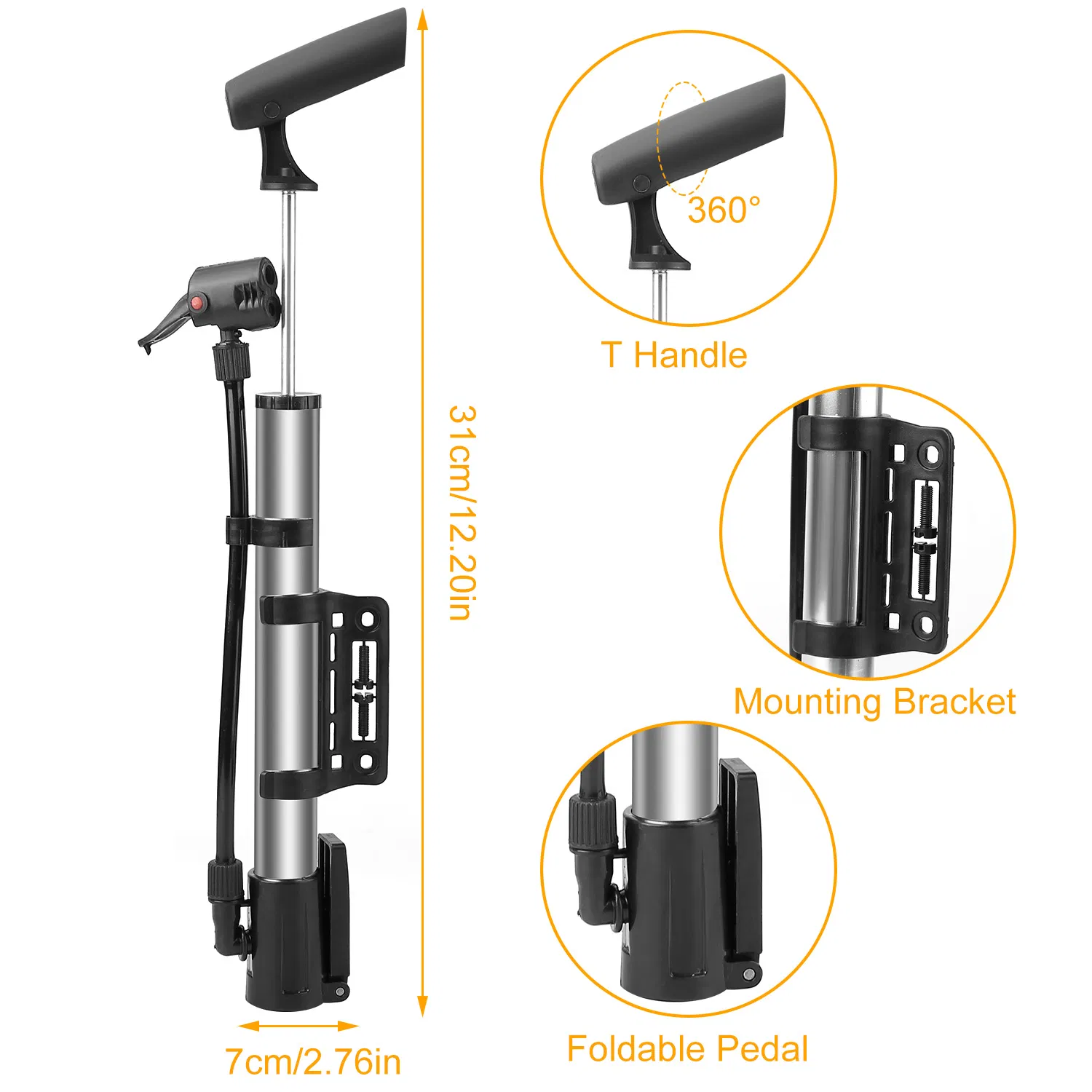 Mini Bike Pump Portable Bicycle Tire Inflator Ball Air Pump w/ Mount Frame For Mountain Road Bike photo 5
