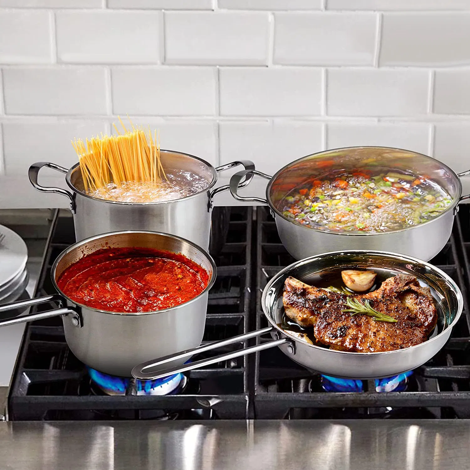 Stainless Steel Cookware Set Fast Even Heat Induction Pots Pans Set Dishwasher Safe with 2.7/3.7 Quart Stockpot 2 Quart Saucepan 9.17in Frying Pan photo 1