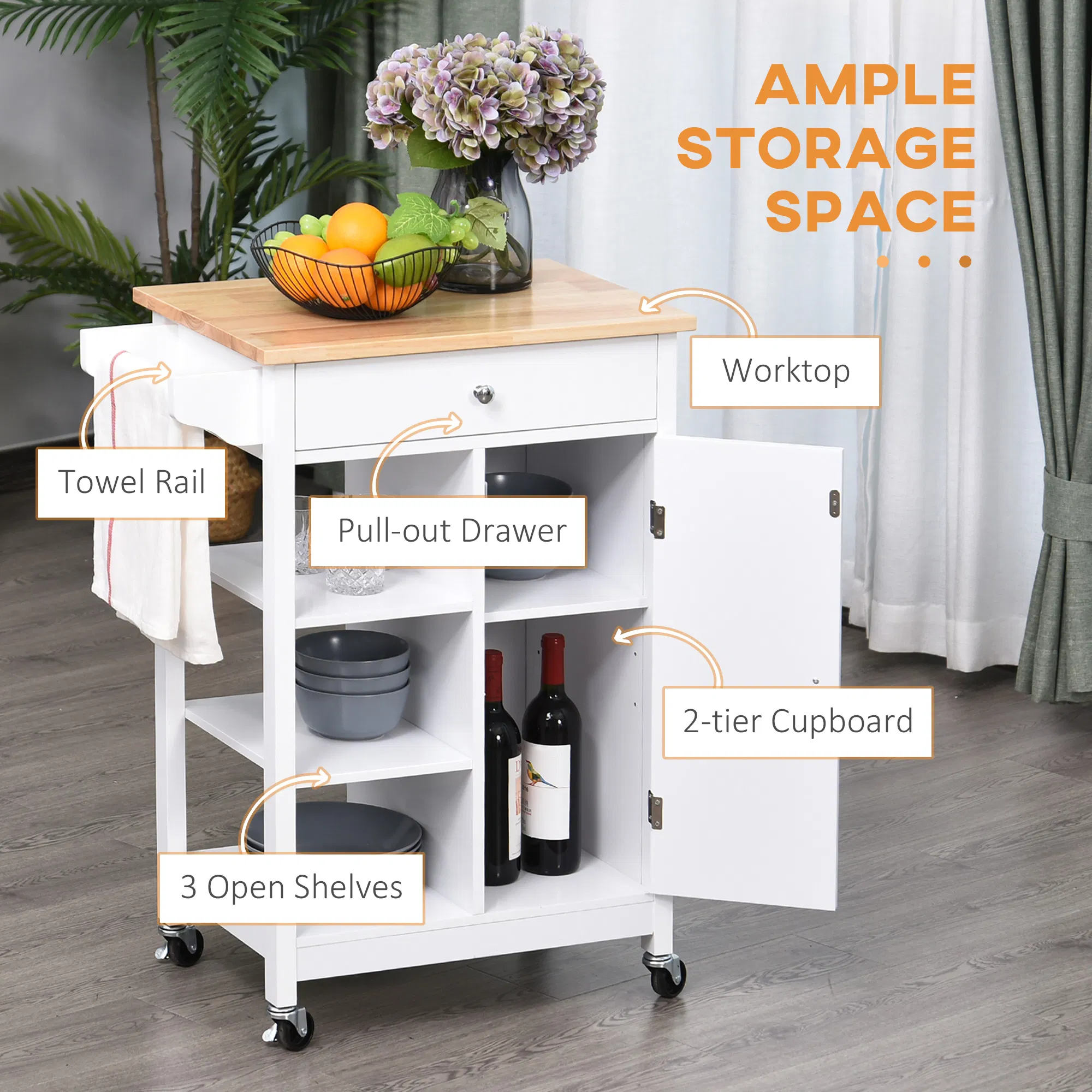 Modern Rolling Kitchen Island Cart with Drawer, Natural Wood Top, Towel Rack, Door Storage Cabinet, White photo 2