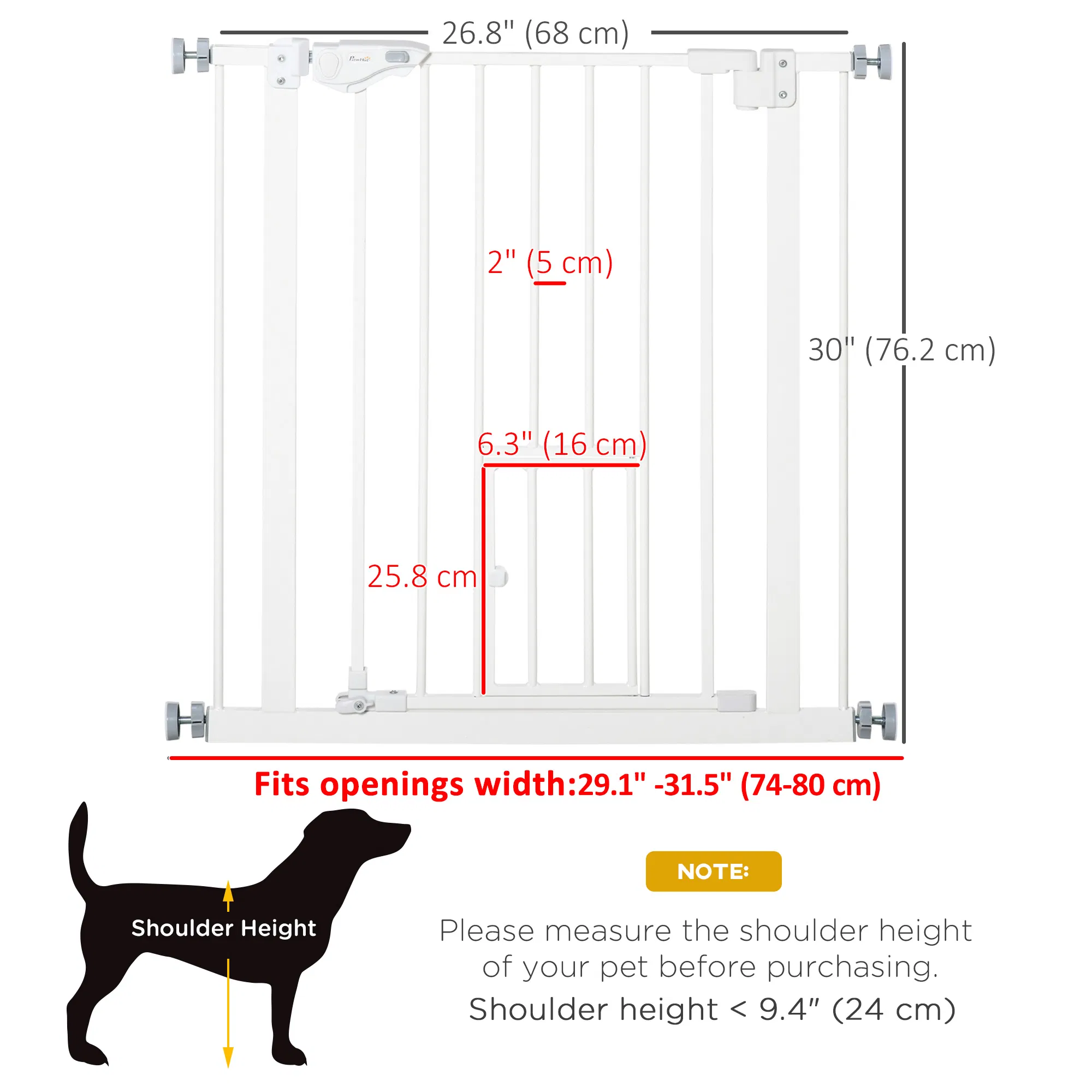 Pet Gate Extra Wide Press-Mounted with Cat Door, Auto Closing Pet Gate for Stair, Hallway, 29-32 Inch, White photo 2