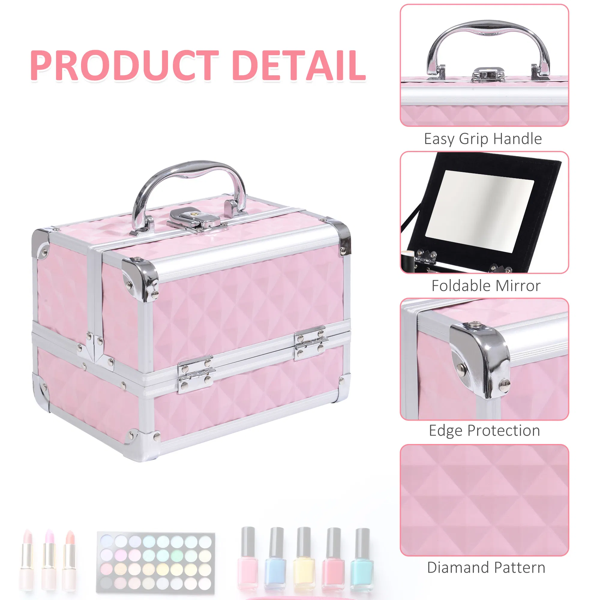 Cosmetic Train Case 3 Tier Diamond Texture Organizer with Mirror Portable Pink 8"x6"x6" photo 5