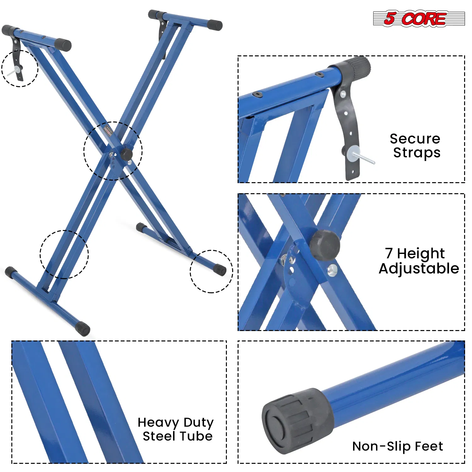 5 CORE Piano Keyboard Stand Double X Style Heavy Duty Adjustable Digital Electric Piano Riser Durable & Sturdy Music Synthesizer Holder Stands For 61 76 88 Keys w Secure Locking Strap photo 8