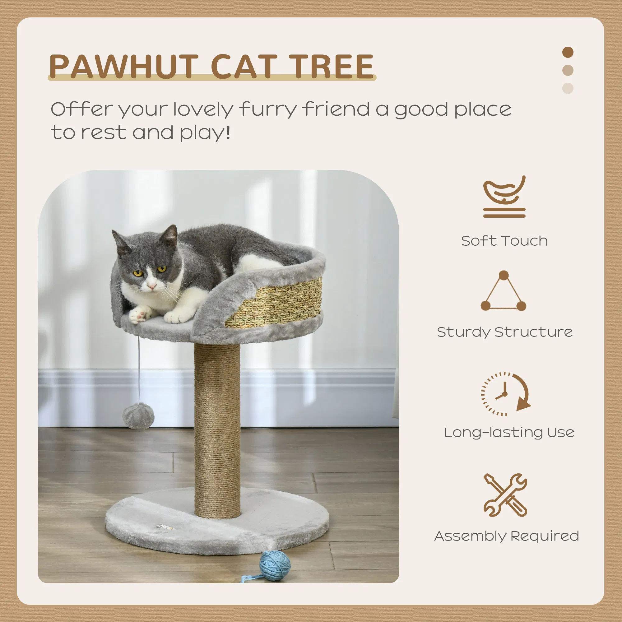 Cat Tree with Scratching Post, Toy Ball, Perch, Small Cat Tower for Indoor Cats - 16" x 16" x 19", Grey photo 4