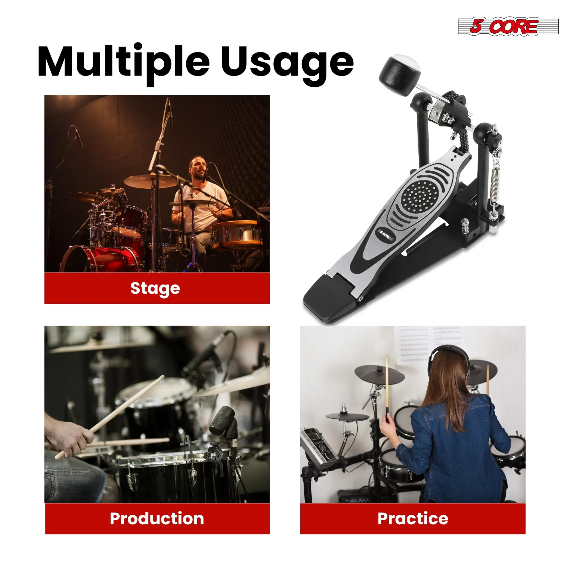 5 Core Bass Drum Pedal Mount Felt Beater Head Single/Double Chain Foot Pedal photo 3