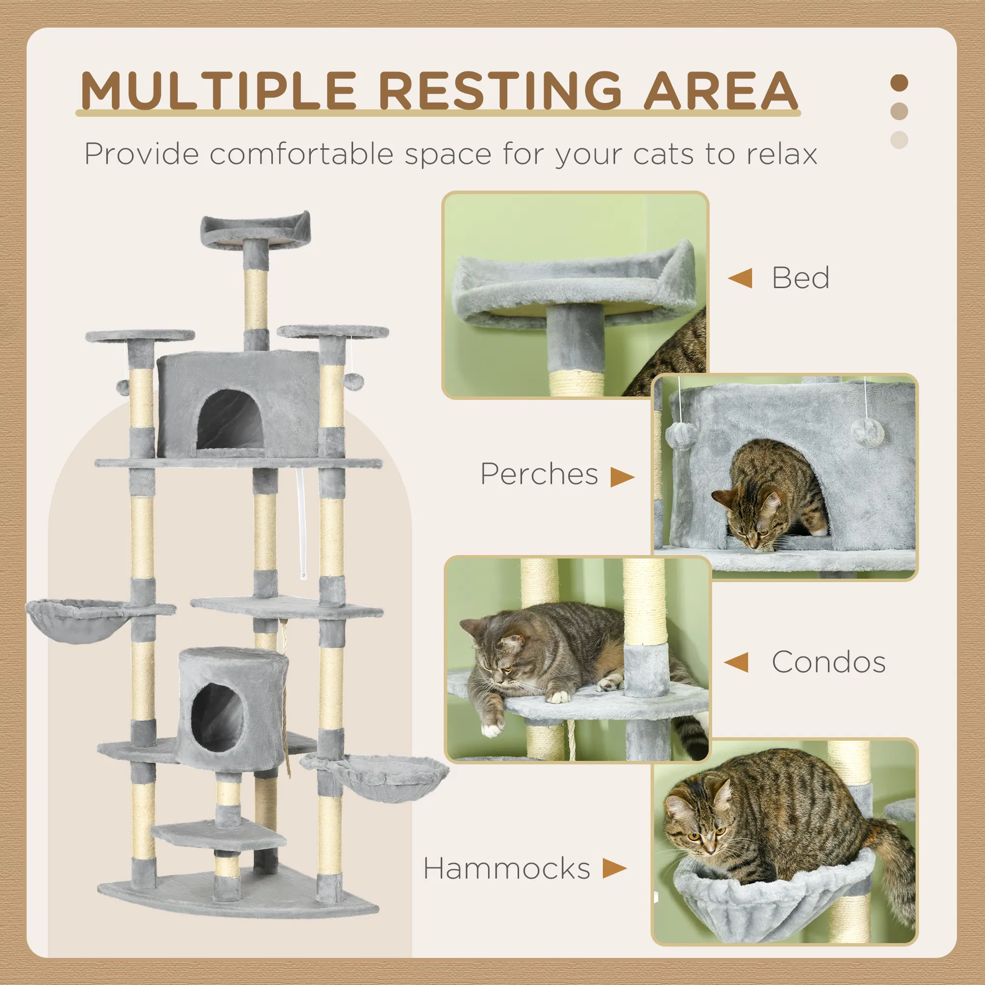 79" Cat Tree Multi-Level with Two Condos, Kitty Tower with Scratching Posts, Two Hammocks, Perches, Interactive Toys, Dark Gray photo 4