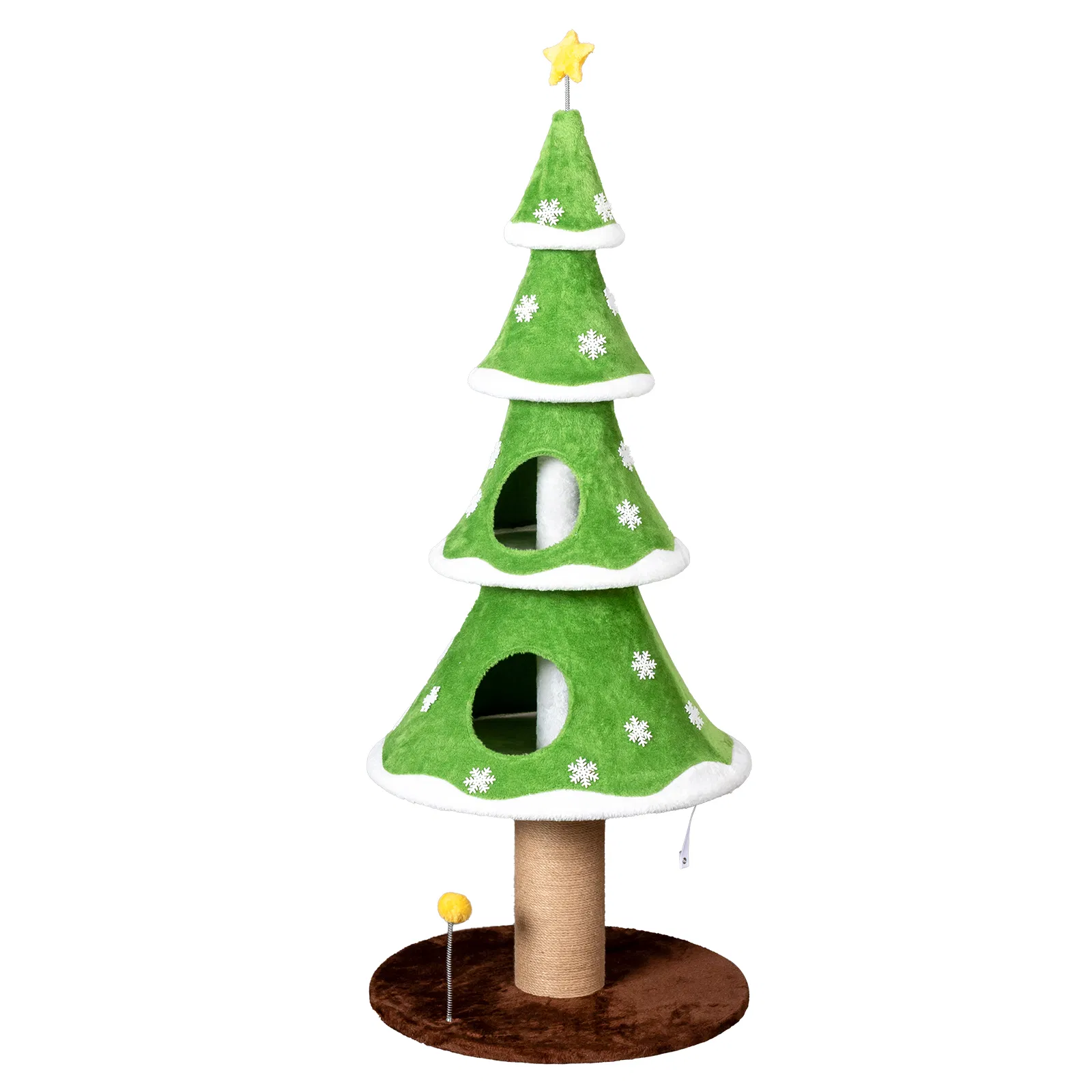 59in Large Tall Christmas Tree Cat Tower with 2 Cat Condos & Scratching Post, Soft Fleece Cat Tree with Teaser Toy & Sturdy Base & Built-in Openings for Indoor Cats, Green & White photo 3
