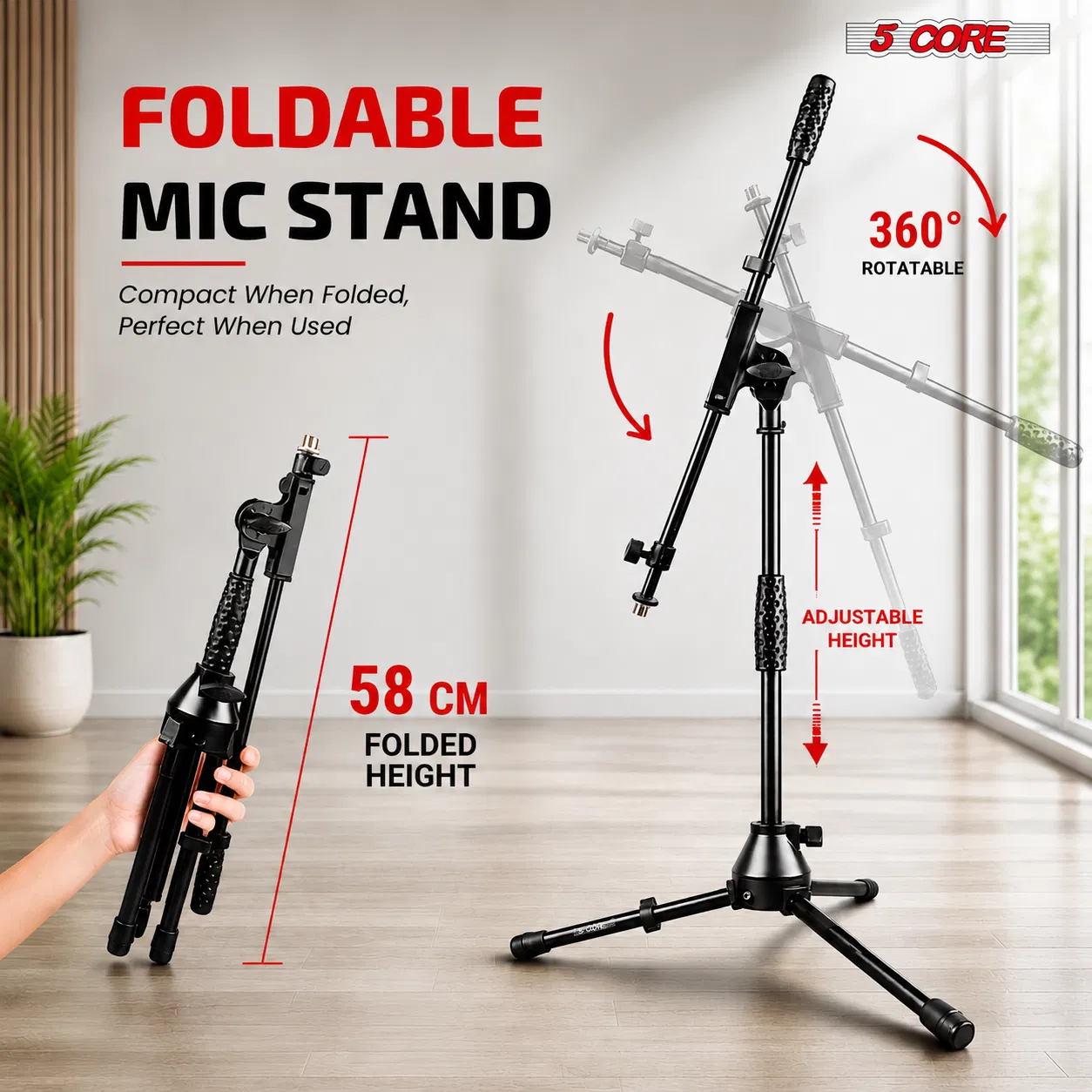 5 Core Mic Stand Floor Adjustable Short Tripod Microphone Stands w Telescoping Boom Arm photo 4