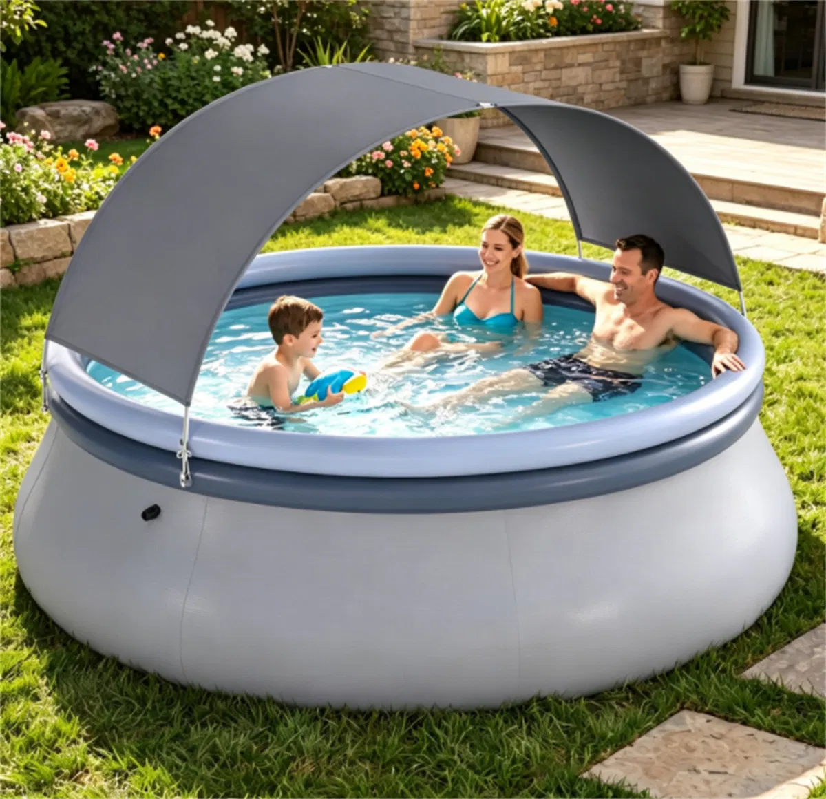 118 x 68 Large Capacity Outdoor Inflatable Pool with Sunshade Tent, TearResistant PVC BlowUp Pool with Repair Kit, 6Person Portable Family Swimming Pool photo 4