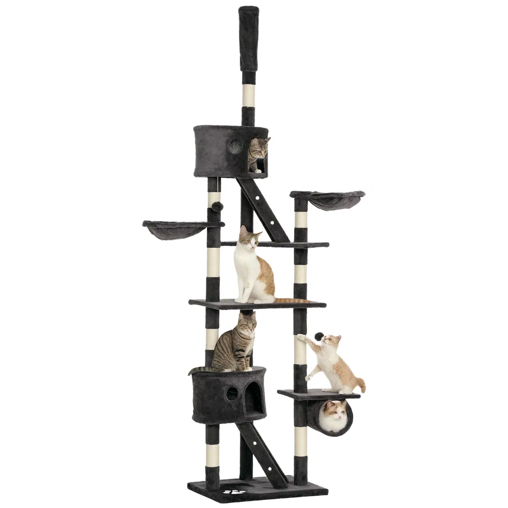 94"-102" Floor to Ceiling Cat Tree High Cat Condo Scratching Post Activity Center Multi-Level Play House Dark Grey photo 7