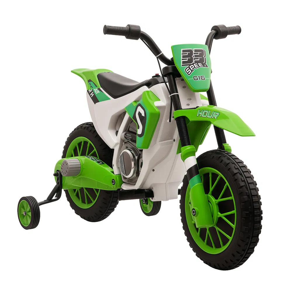 Kids Dirt Bike Battery-Powered Ride-On Electric Motorcycle with Charging 12V Battery, Training Wheels Green photo 7