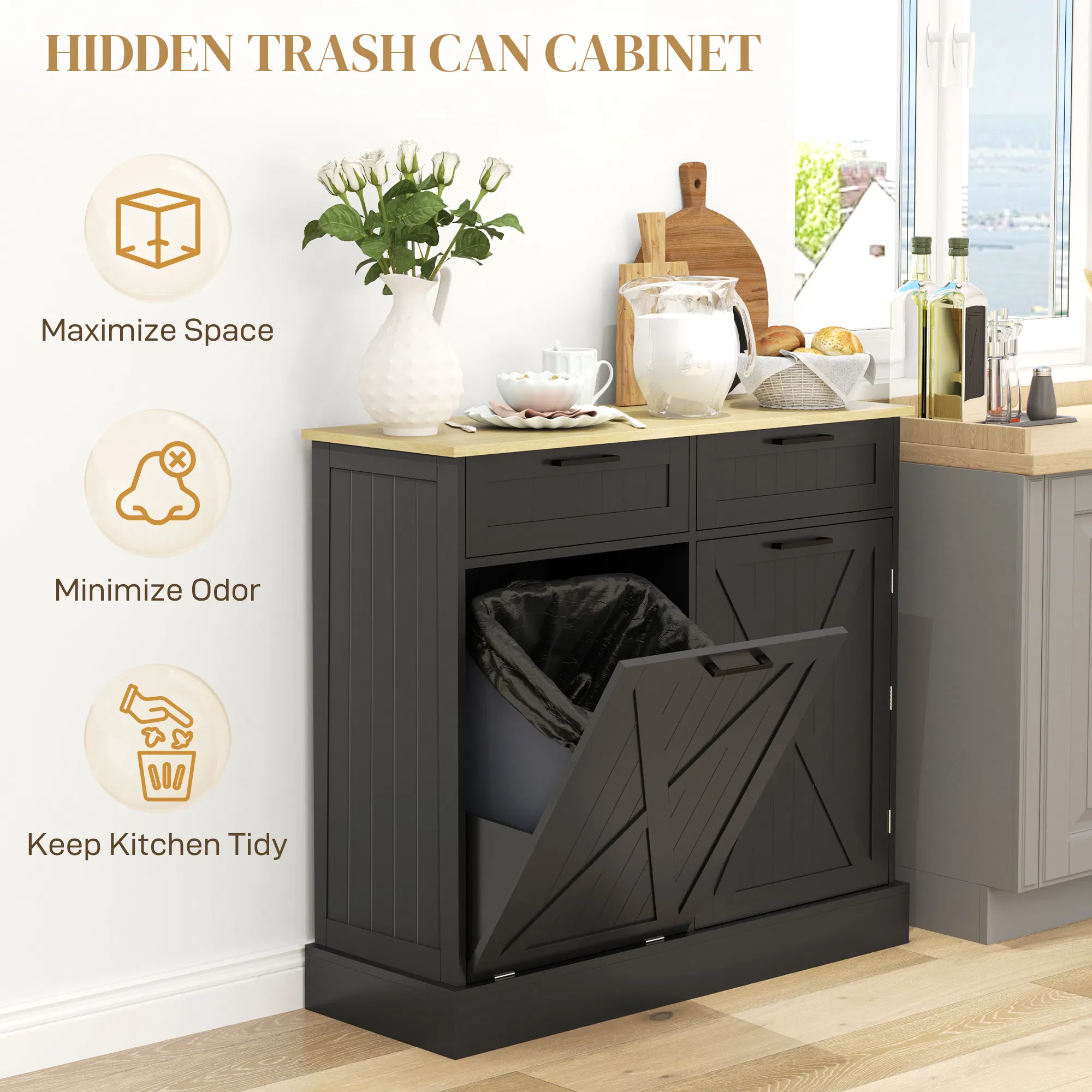 10 Gallon Hidden Garbage Bin Cabinet, Tilt Out Trash Cabinet w/ 2 Drawers, Freestanding Kitchen Island, Black photo 6