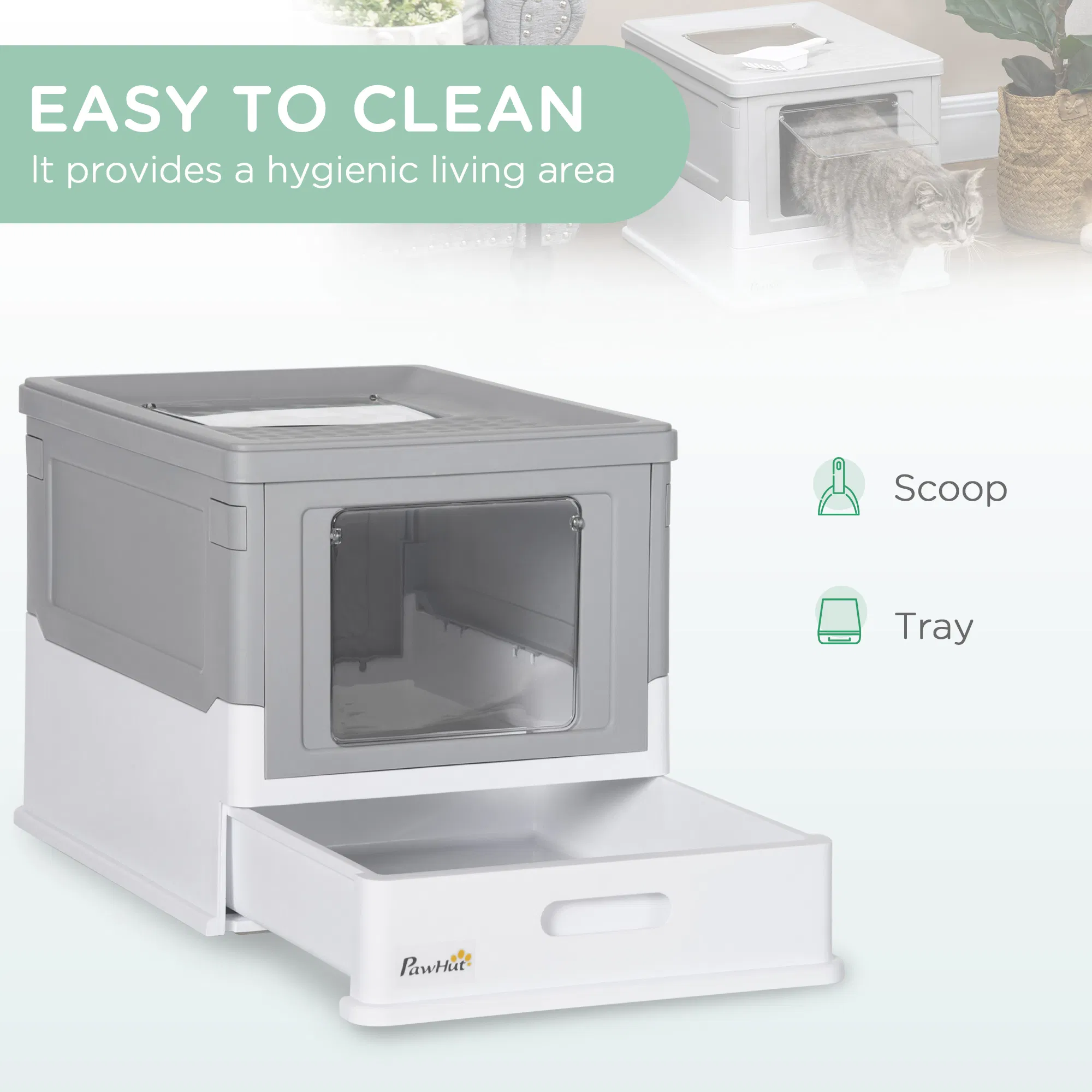 Top Entry Enclosed Kitty Litter Box with Scoop, Tray, Front Entry, Large Space, Foldable, Portable, Grey photo 3