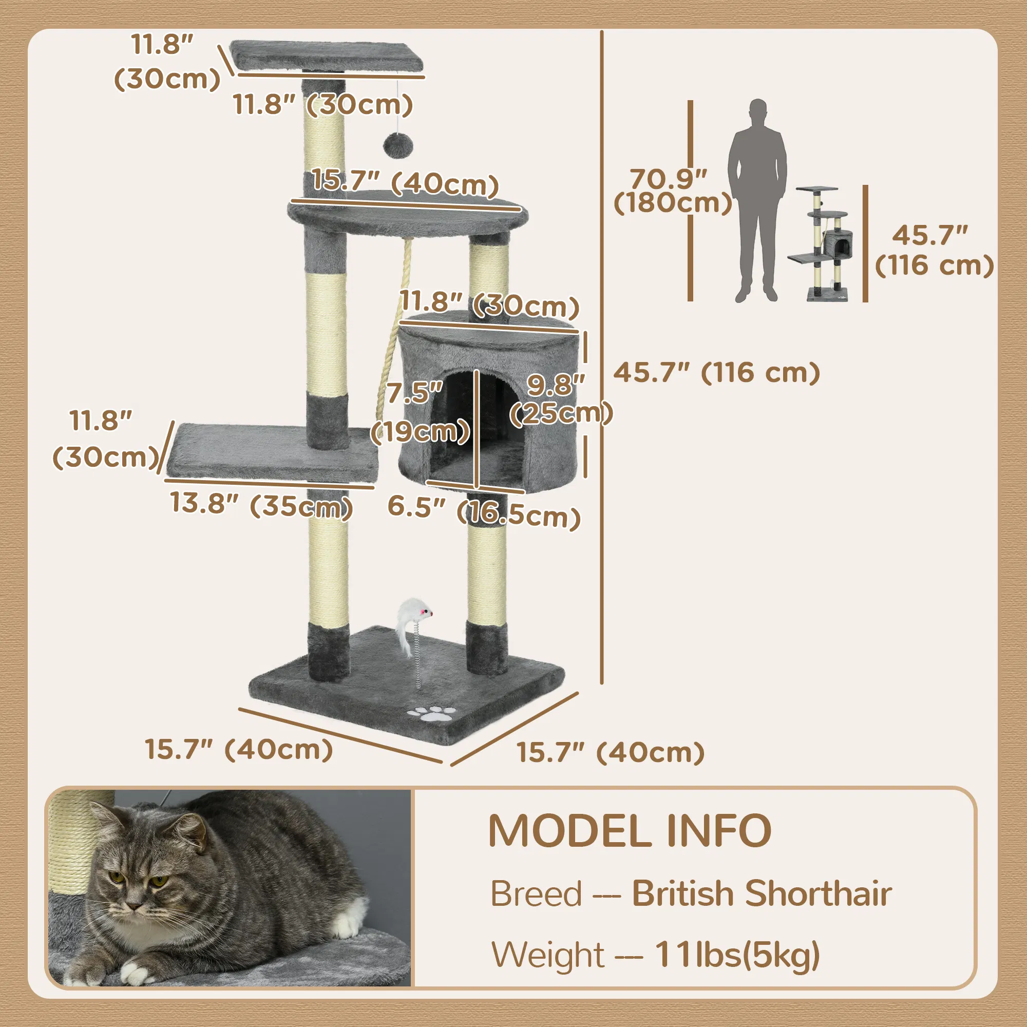 46Inch Scratching Cat Tree, Multi Level Cat Tower for Large Cats Adult with Toys and Condo, Grey photo 5