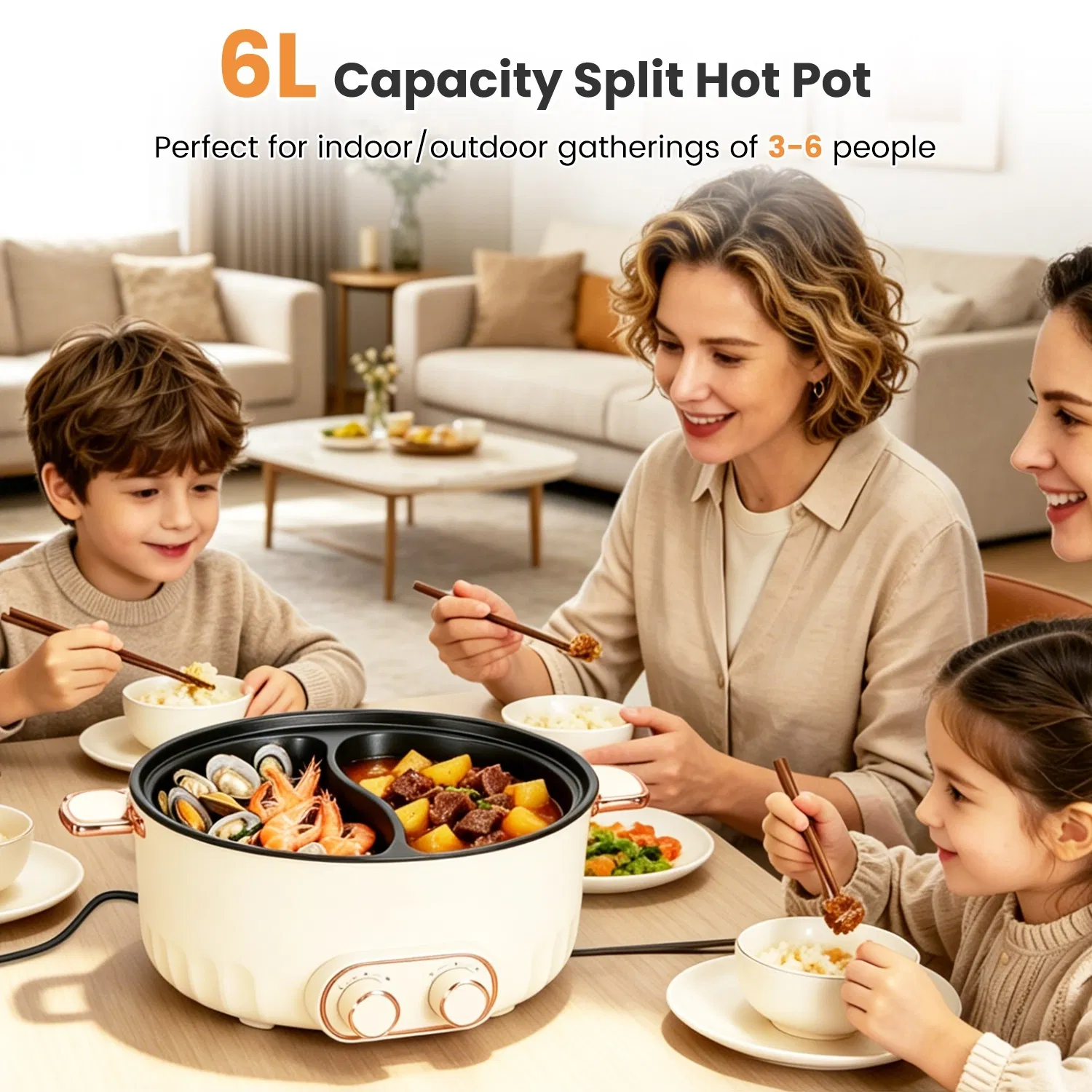 6 Liter Dual-Flavor Electric Shabu Shabu Hot Pot for 3-6 Guests, Non-Stick Coating Stainless Steel Hot Pot with Transparent Steam Vent Lid, Cool Wide Handles & Raised Stable Base for Home Dinner Party photo 4
