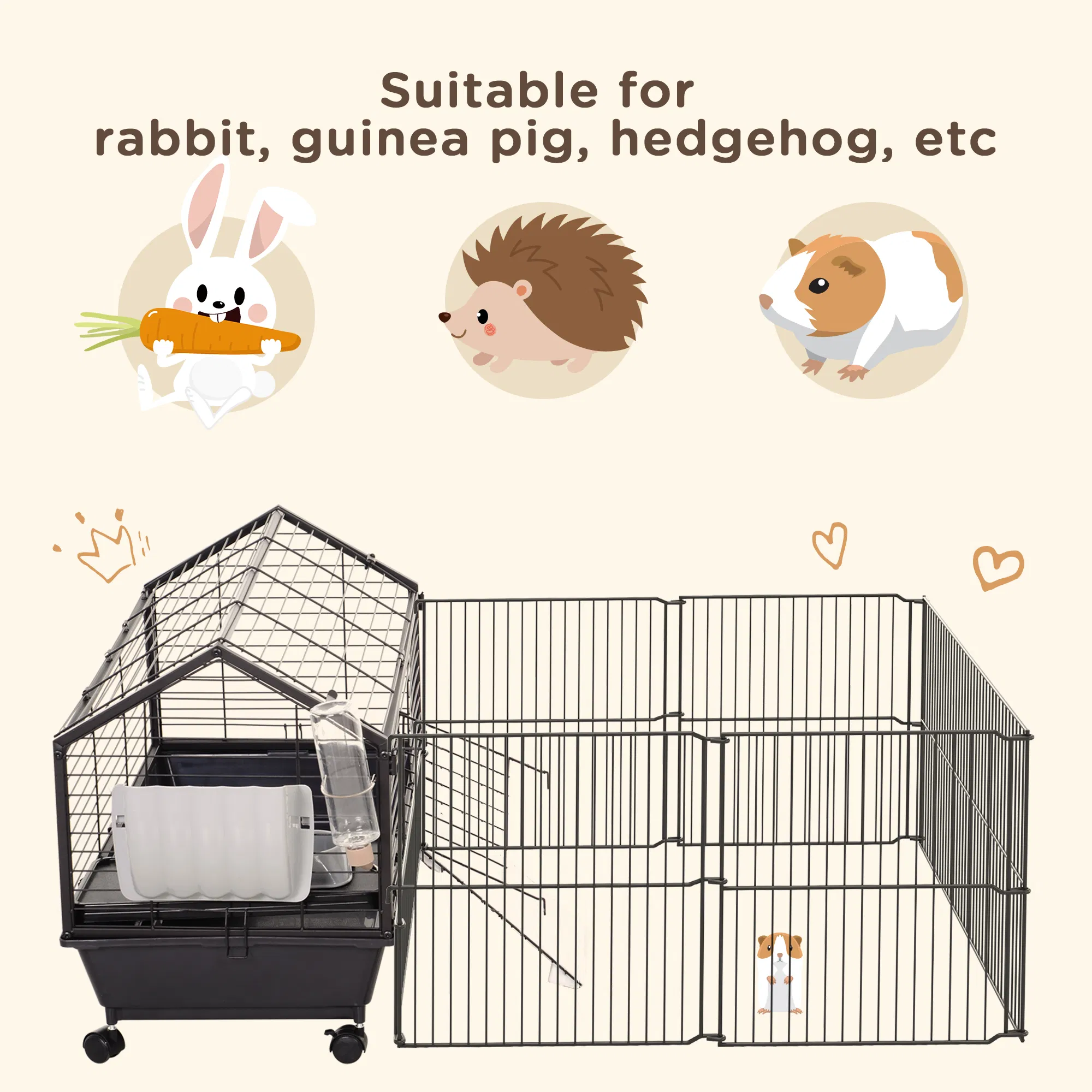 Metal Small Animal Cage, Rabbit Cage for Guinea Pig Chinchilla Hedgehog Bunny with Removable Wheels and Foldable Detachable Run Fence, 34.6" L x 50.6" W x 22" H photo 2