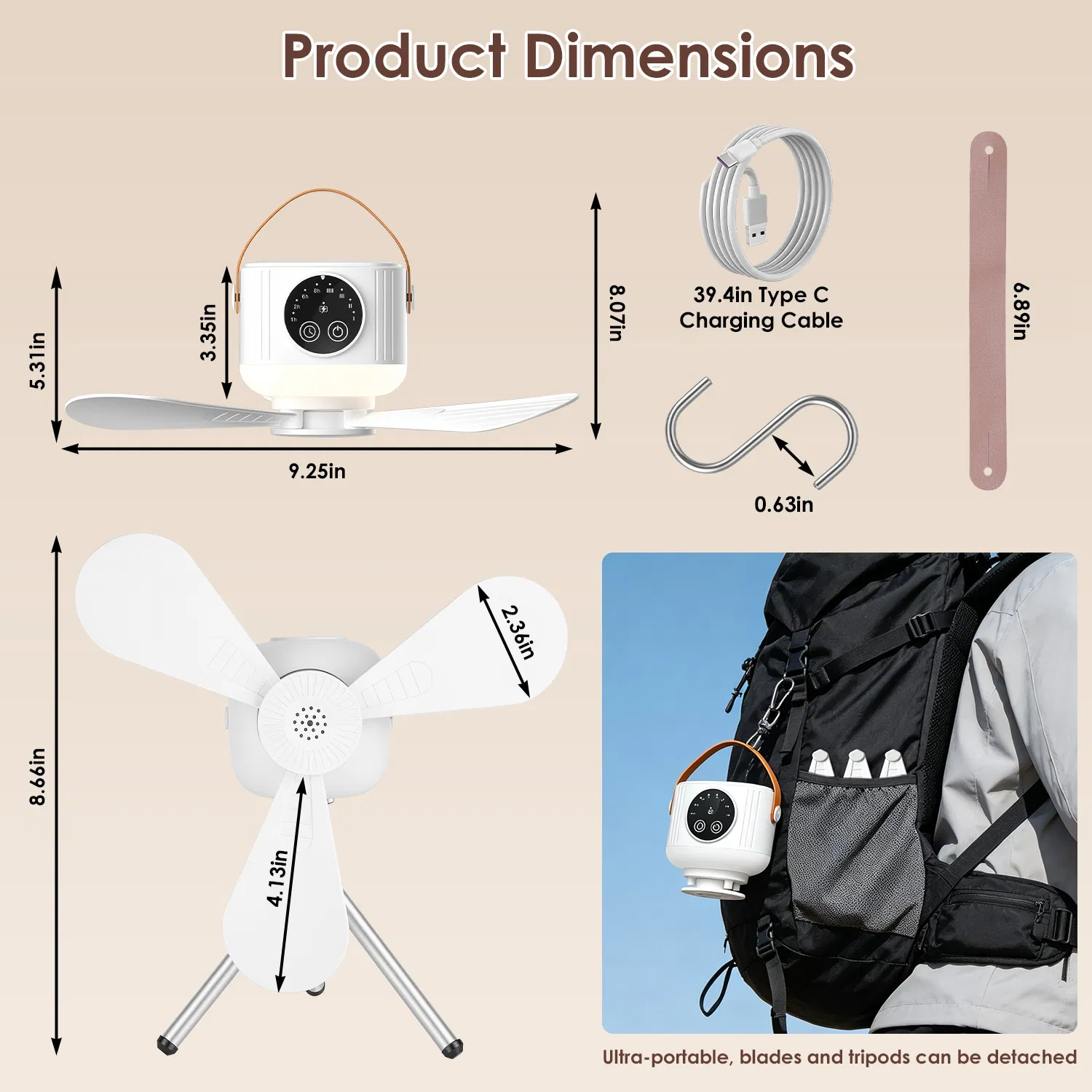 2 in 1 Rechargeable Camping Fan with Built-In LED Lantern Remote Control, 4 Wind Speeds 3 Light Brightness 1/2/6/8H Timer 7200mAh Battery Tripod Stand Hanging Hook Detachable Blades photo 3