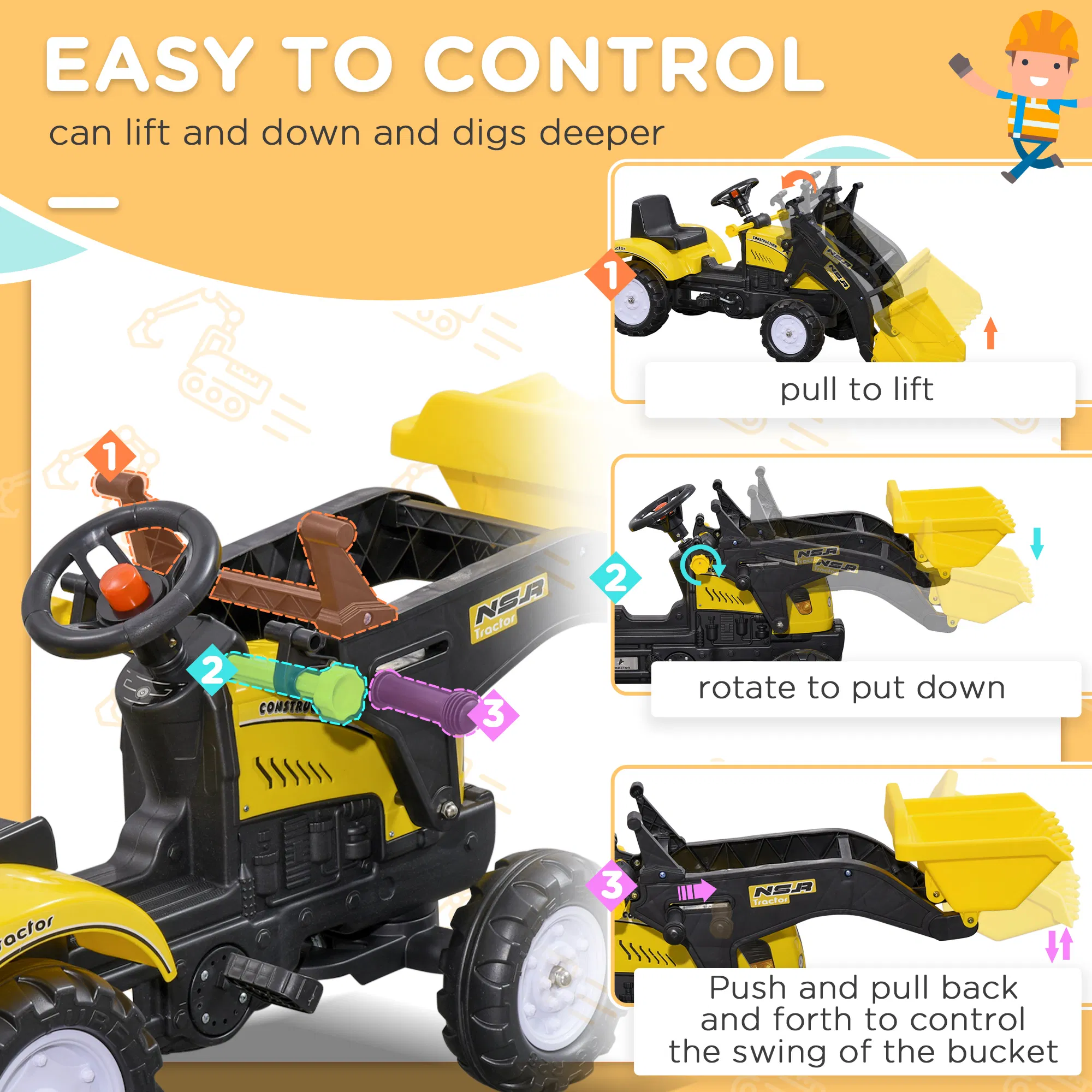 Ride on Tractor for Kids, Pedal Construction Car with Front Loader Digger for 3 Year Old, Yellow photo 5