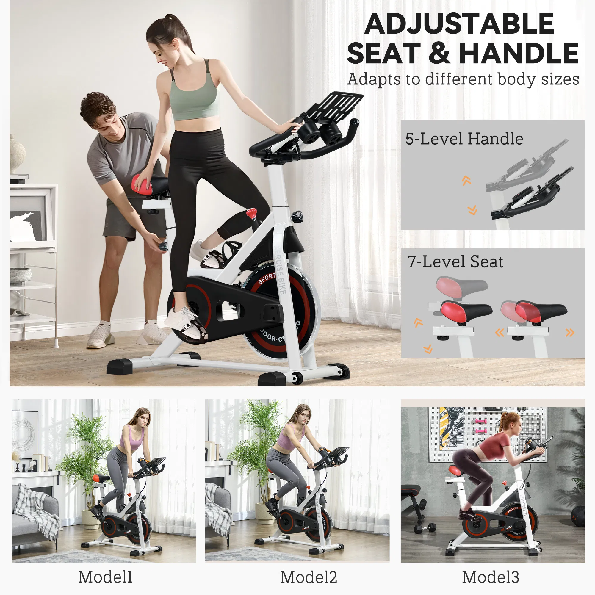 Adjustable Upright Stationary Exercise Bike w/ LCD Display, Indoor Cycling Bike for Home w/ Adjustable Resistance, White photo 5