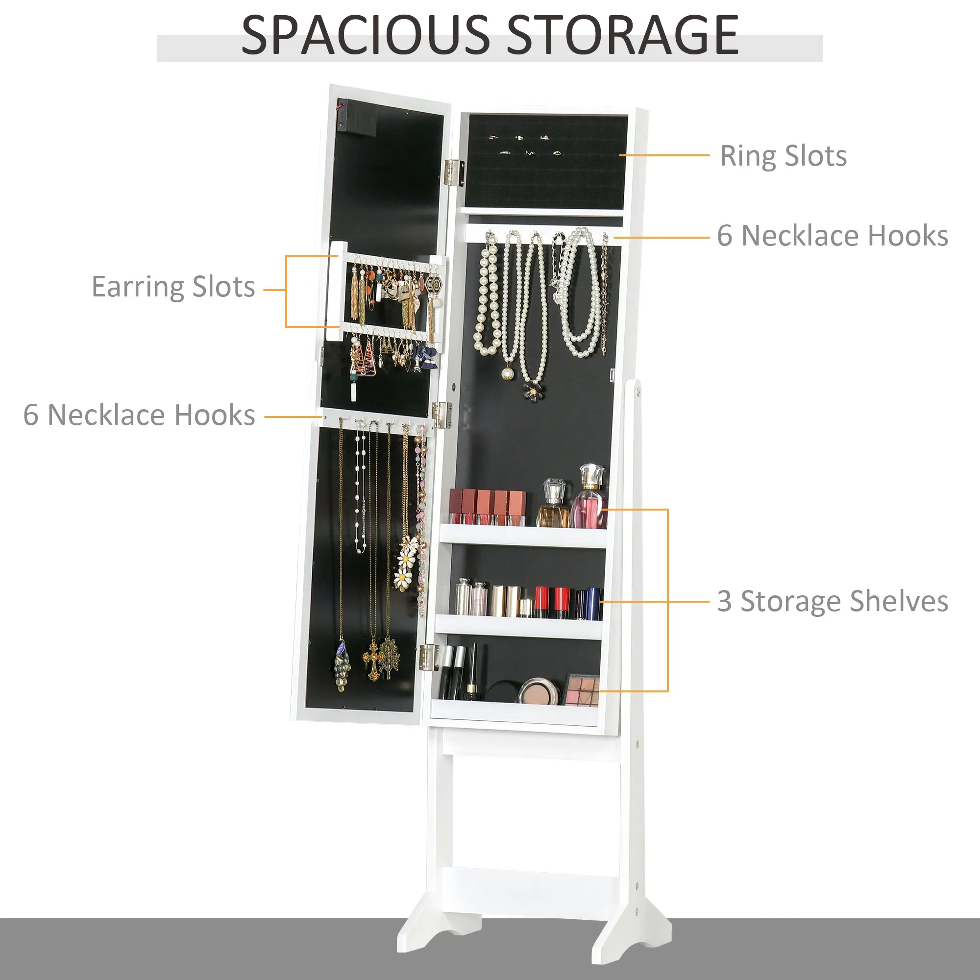 Lighted Jewelry Cabinet Mirrored Armoire Organizer Free Standing Storage for Necklaces Bracelets Rings Earrings Adjustable photo 4
