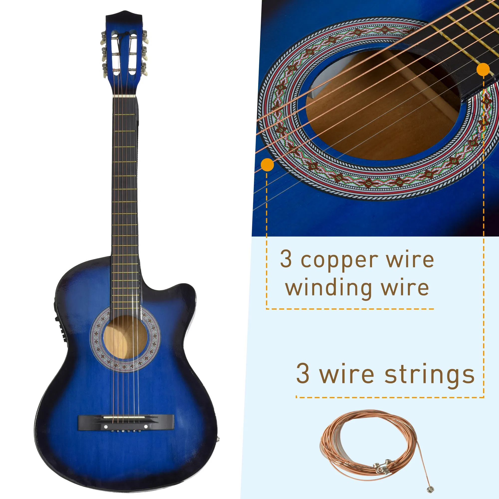 38 Inch Full Size Classical Acoustic Electric Guitar Premium Gloss Finish with Strings, Picks, Shoulder Strap and Case Bag, Blue photo 2