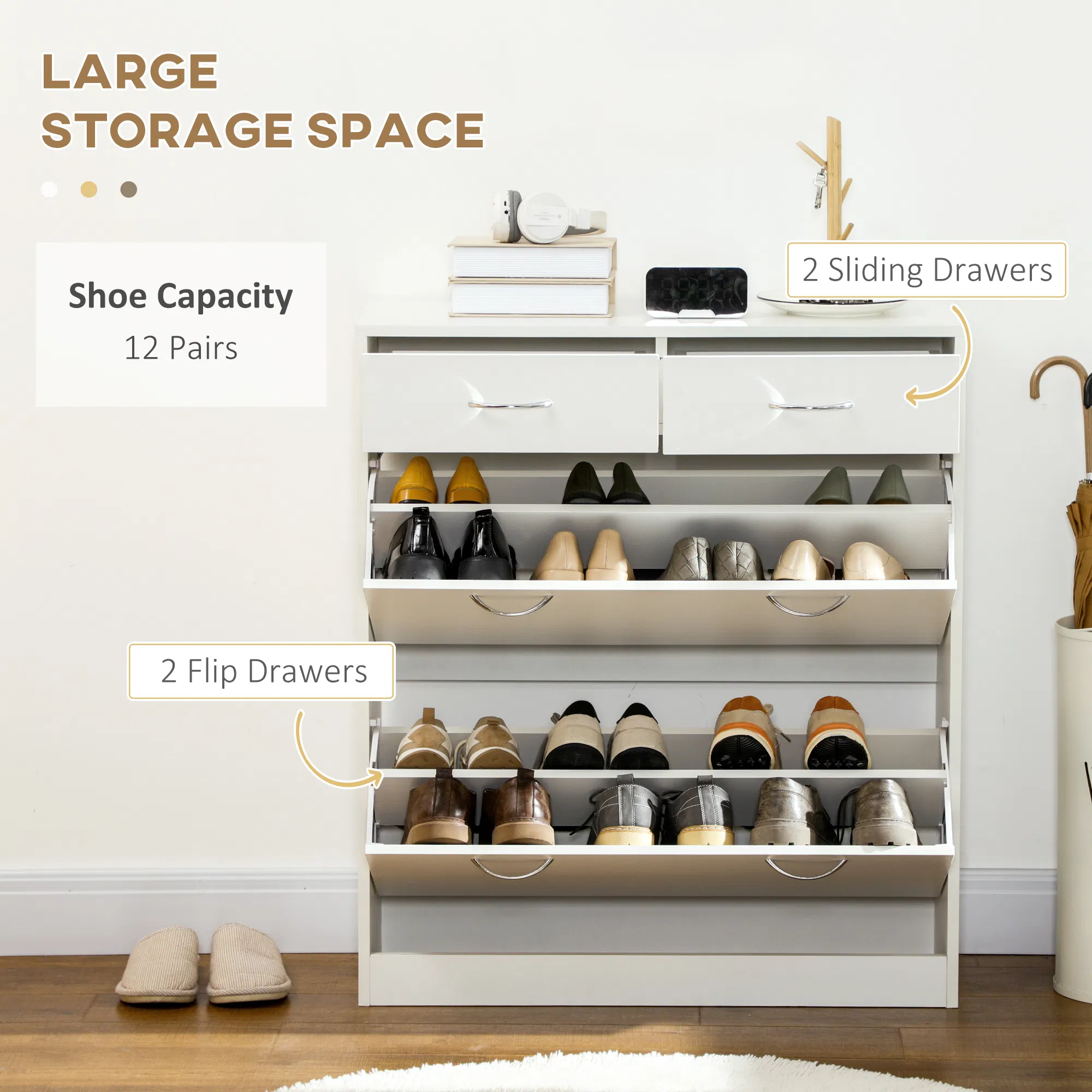 Narrow Shoe Storage with 2 Flip Drawers and Adjustable Shelves Shoe Cabinet Organizer for 12 Pairs of Shoes, White photo 2