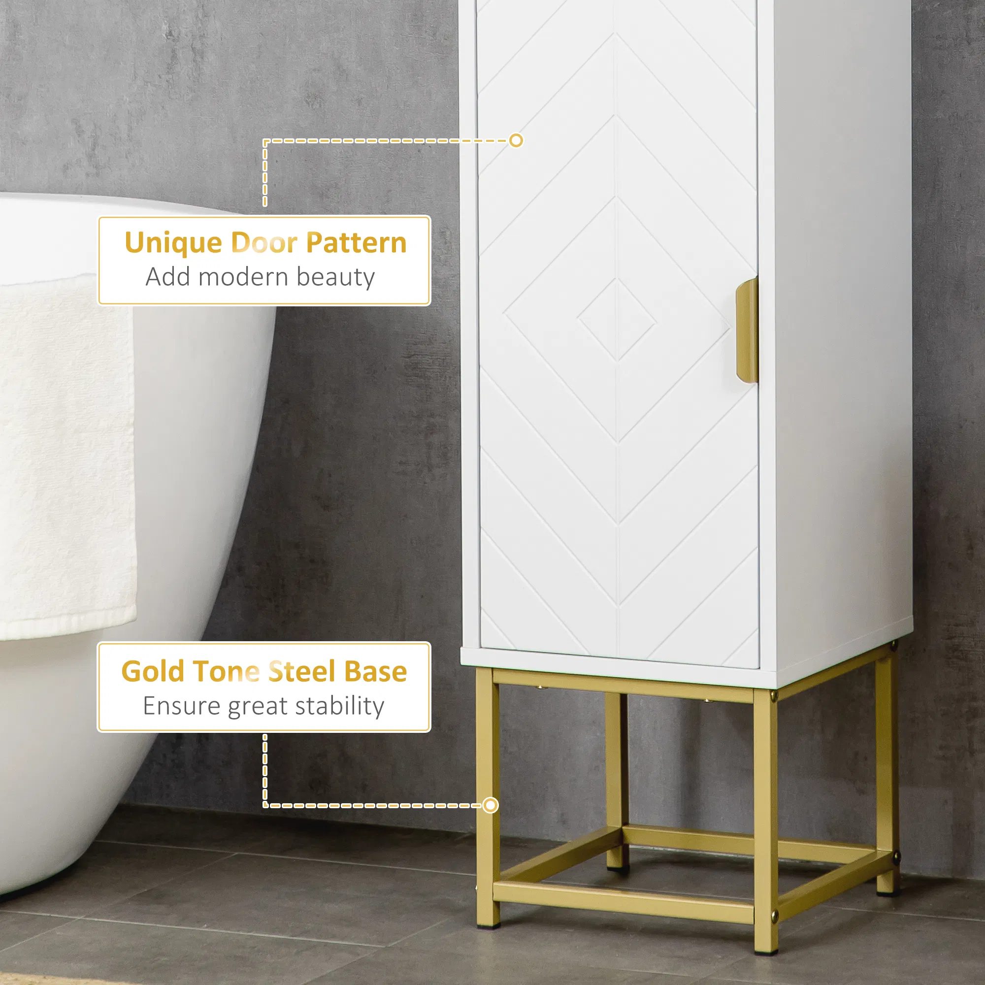 Tall Bathroom Storage Cabinet, Modern Narrow Bathroom Cabinet with Diamond Chevron Pattern and Adjustable Shelf, White photo 3