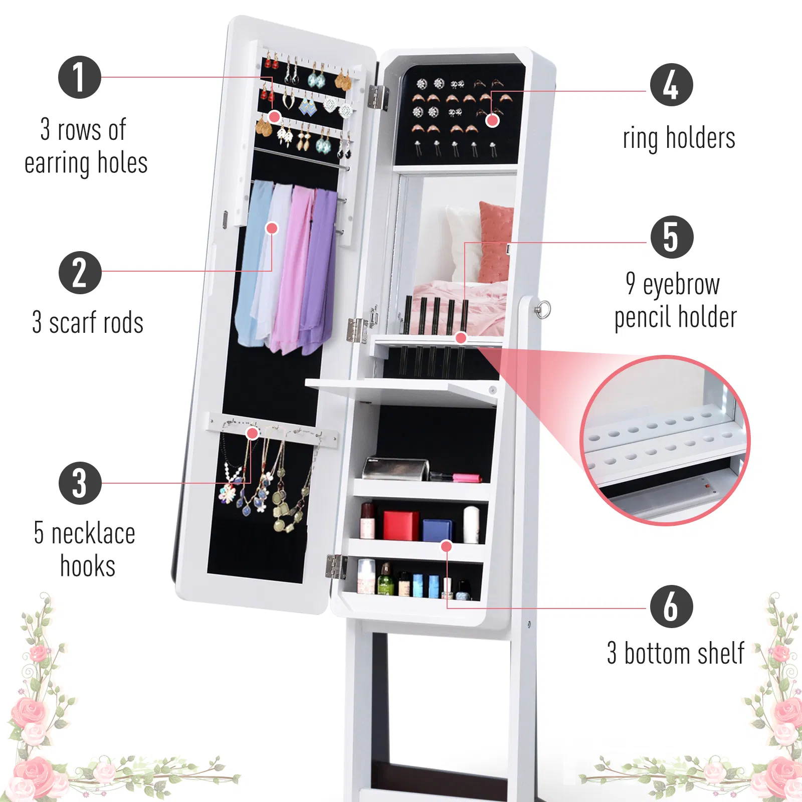 Mirrored Jewelry Armoire LED Lights Freestanding Organizer Adjustable Angle Lockable Cabinet White photo 6