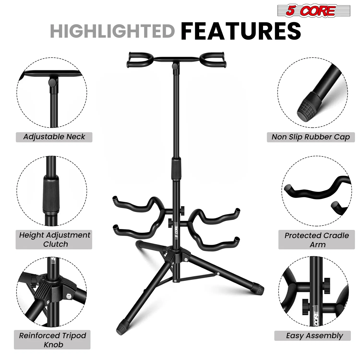 5 Core Guitar Stand Adjustable Double Guitars Stands Floor w Neck Holder Universal Supports for Acoustic Electric Classic Bass Instrument Folding Portable photo 2