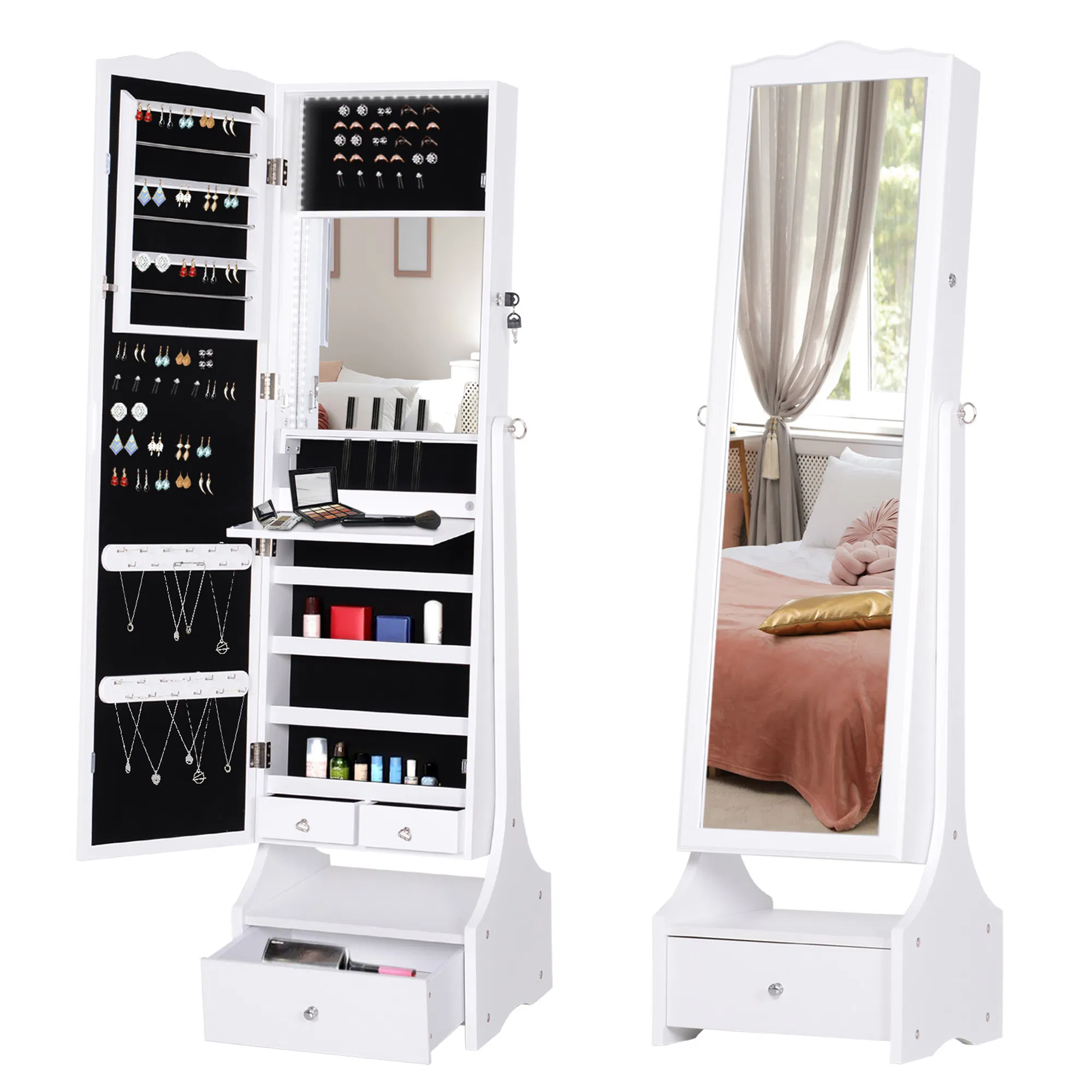 Standing Jewelry Armoire: With LED Lights, Full-Length Mirror, Adjustable Angle, White photo 1