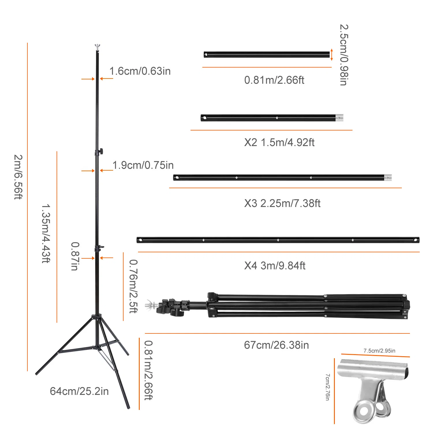 Adjustable Backdrop Support System, 5-10ft Wide Photo Background Stand with 4 Clamps, Spring-Loaded Joints and Oxford Storage Bag for Studio & Outdoor Shooting photo 6