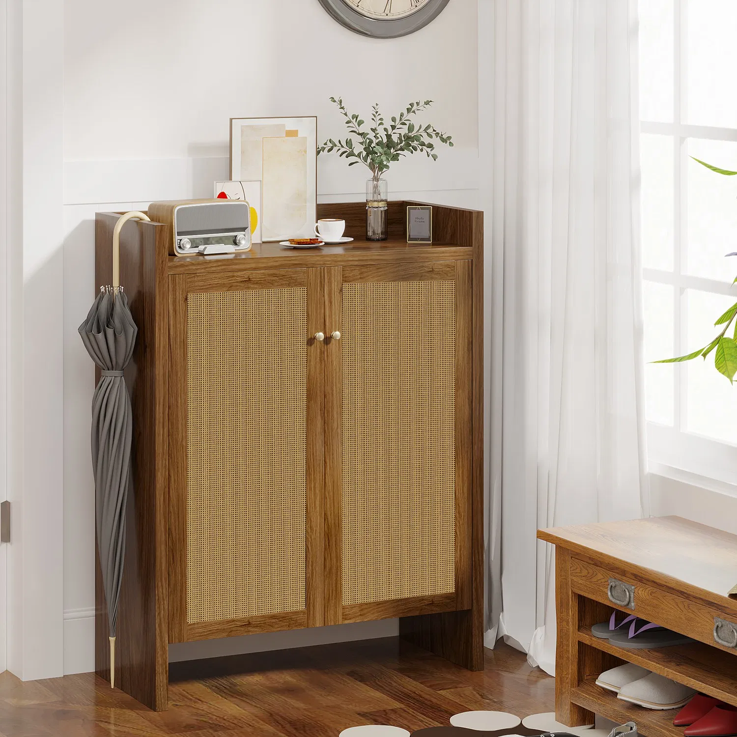 Shoe Cabinet Set, Large Capacity Shoe Storage Organizer Cabinet, Tall Rattan Shoe Cabinet with Doors and Shelves, 6-Tier Farmhouse Boho Wooden Storage Cabinet for Entryway Hallway photo 1