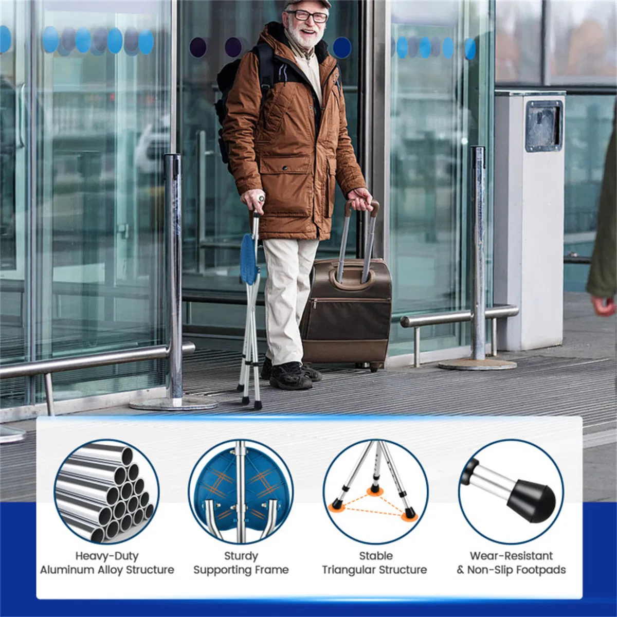 Folding Seat Cane (220lbs): 5-Level Height Adjust, LED Light, Anti-Slip Pads, Aluminum Alloy, Bonus Cushion/3 Foot Pads for Elder-Silver photo 2