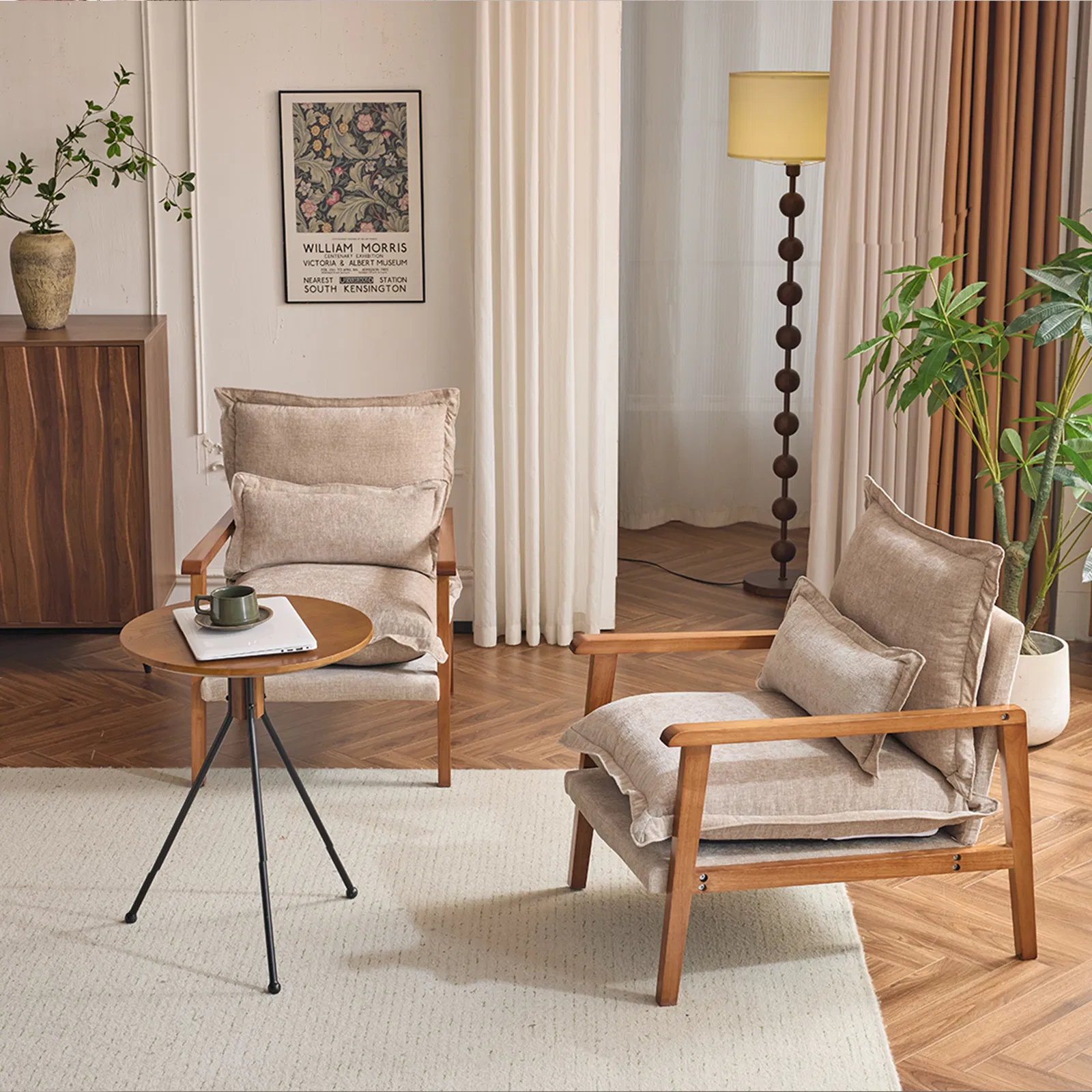 Cloud Shaped Indoor Leisure Chair with Solid Wood Armrest, Metal Frame, Chenille Fabric Accent Chair with Lumbar Pillow, Single Sofa Chair Khaki photo 3