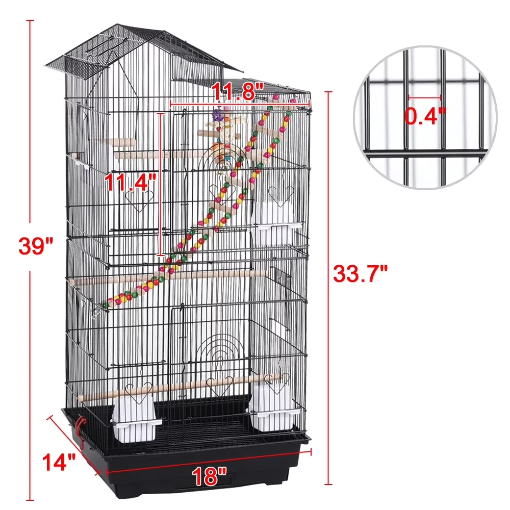 39"H Metal Bird Cage Large Roof Top Huge House for Small Birds, Black photo 5