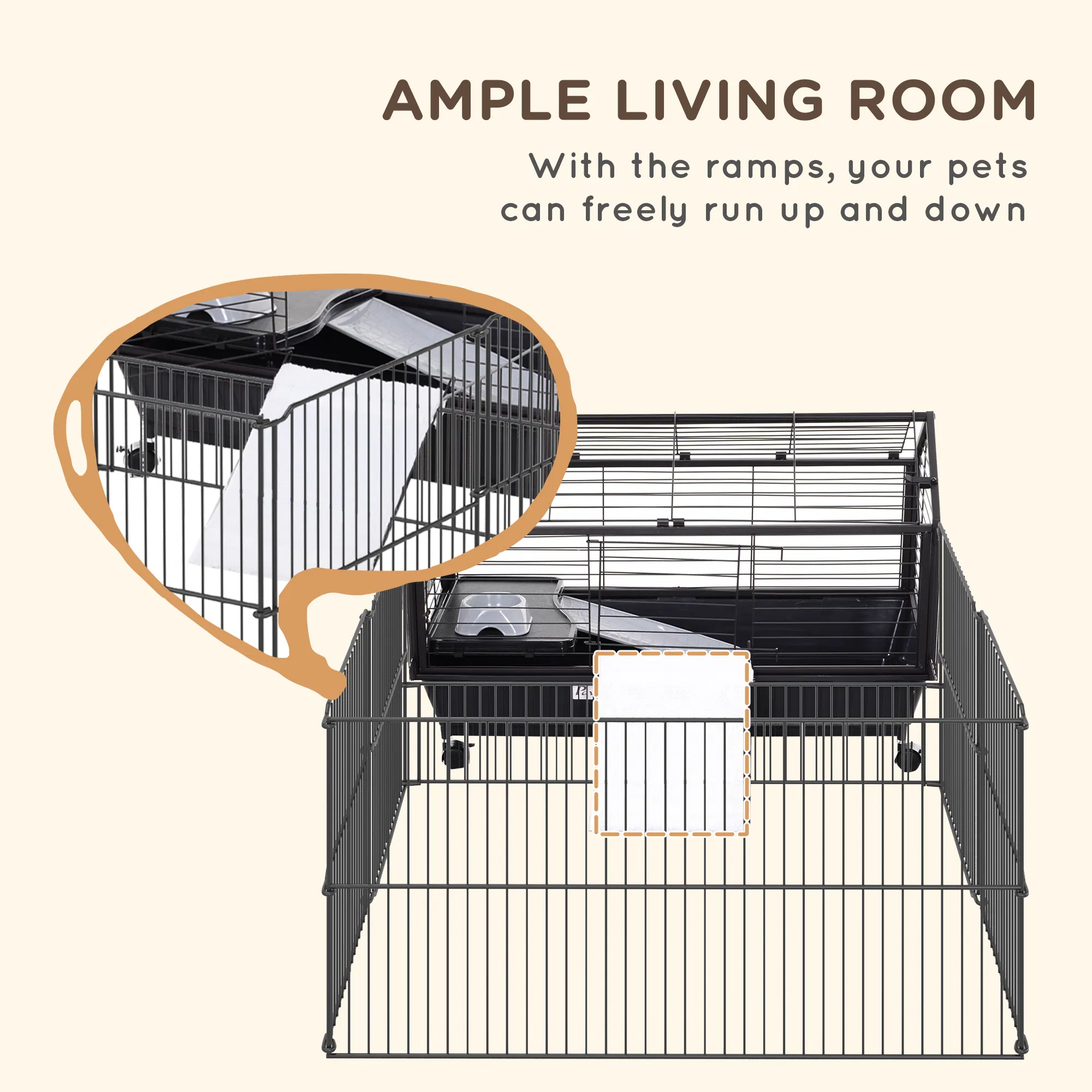 Metal Small Animal Cage, Rabbit Cage for Guinea Pig Chinchilla Hedgehog Bunny with Removable Wheels and Foldable Detachable Run Fence, 34.6" L x 50.6" W x 22" H photo 3