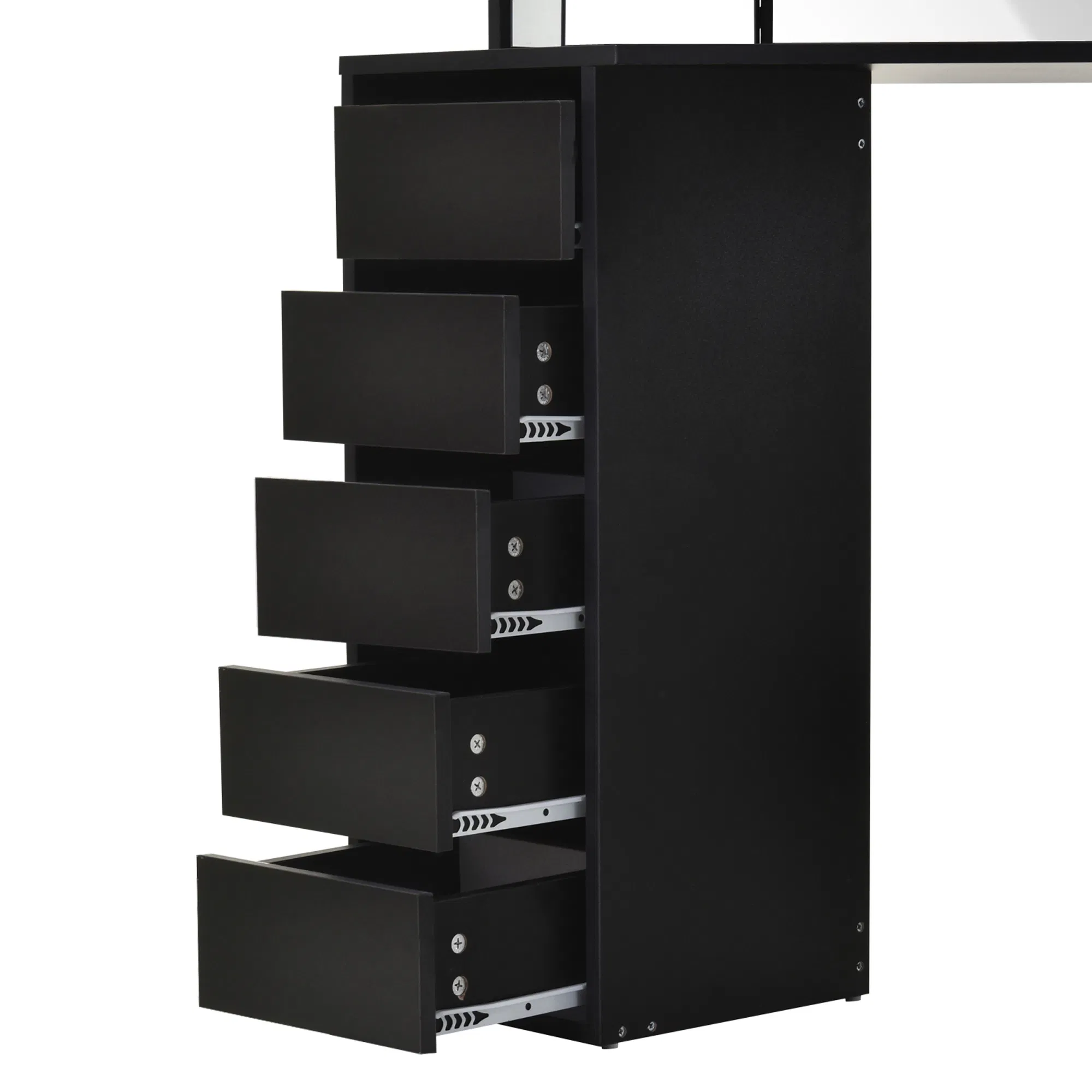 Corner Vanity Desk with Mirror, Makeup Vanity Table with 5 Drawers and Open Shelves, Dressing Table with 3-piece Mirror for Bedroom, Black photo 3