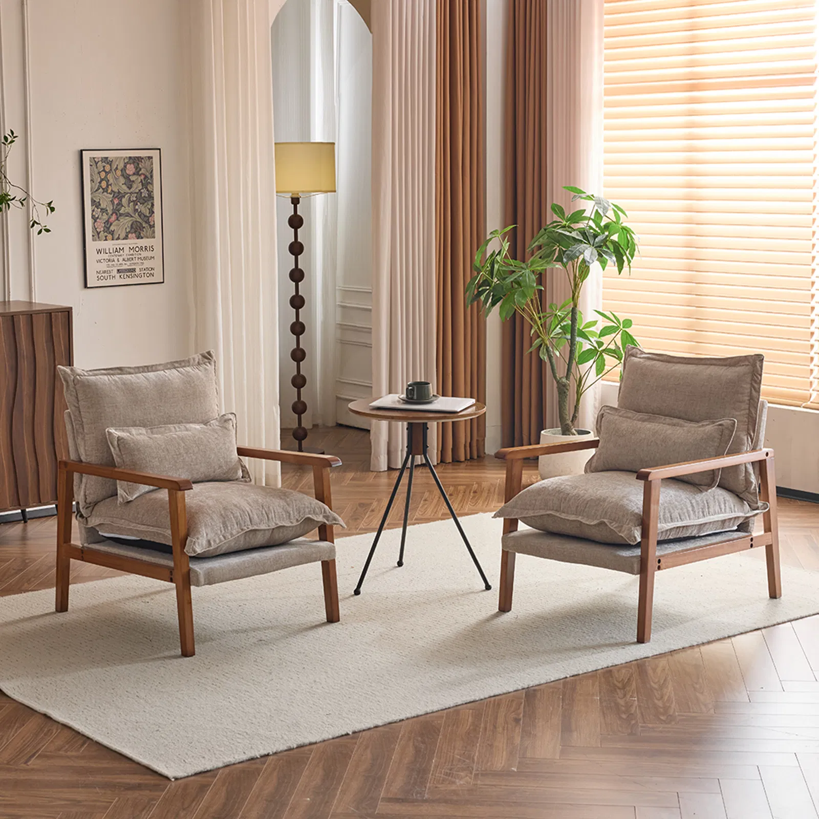 Cloud Shaped Indoor Leisure Chair with Solid Wood Armrest, Metal Frame, Chenille Fabric Accent Chair with Lumbar Pillow, Single Sofa Chair Khaki photo 8