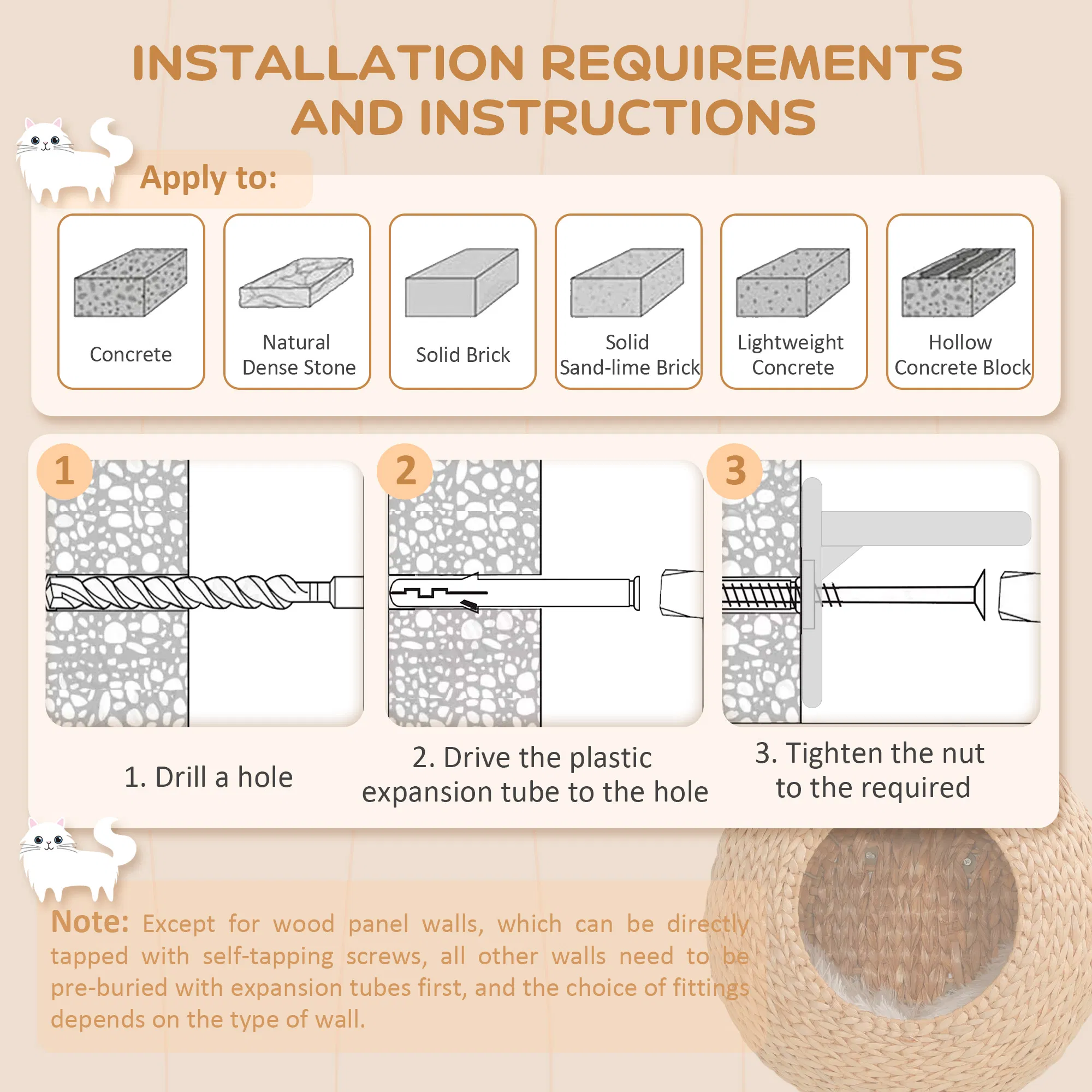 Cat Wall Shelf with Washable Cushion, Wall Mounted Cat Condo Furniture for Indoor Kittens, Beige photo 2