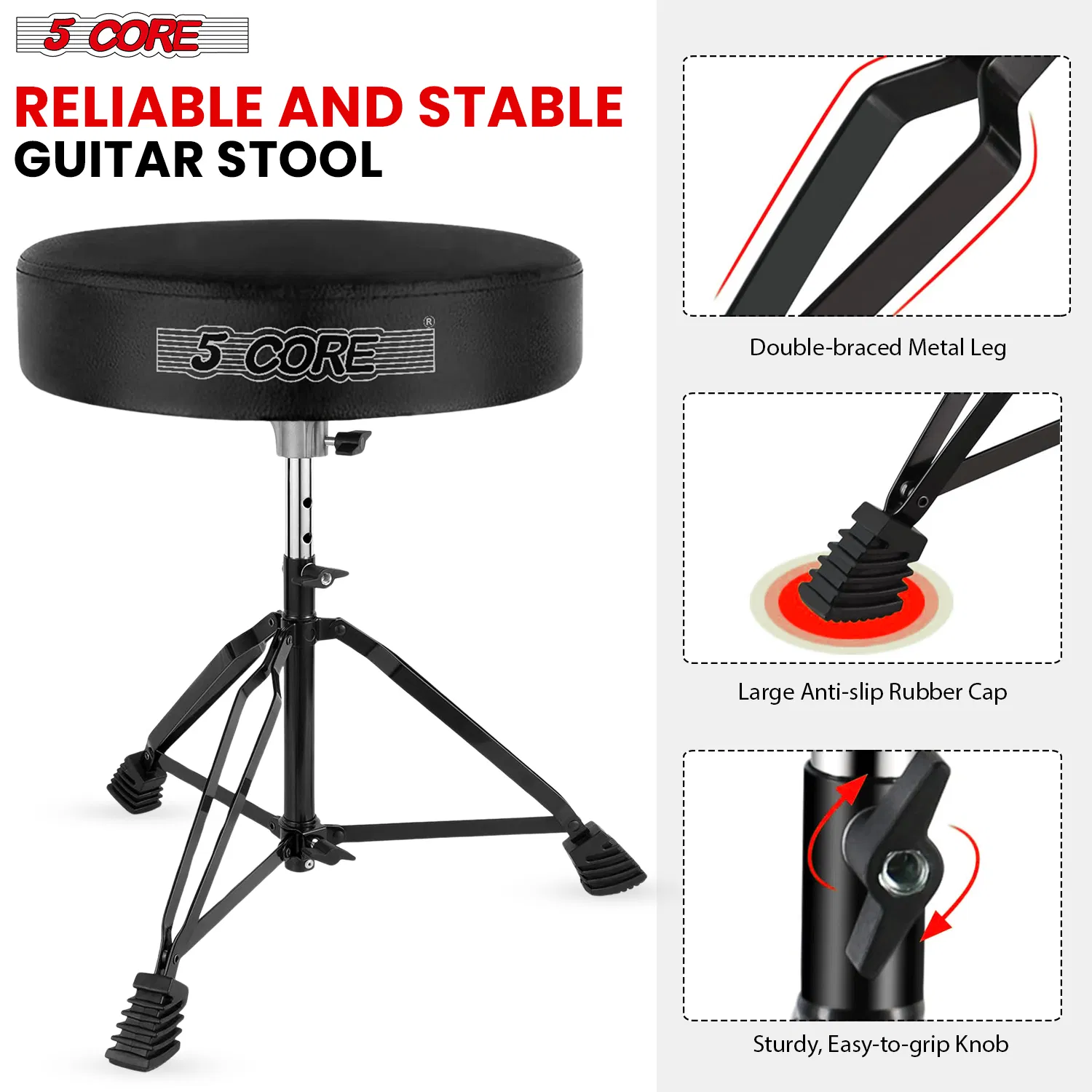 5 Core Drum Throne 3 Inch Thick Padded Comfortable Guitar Stool Double Braced Drummer Chair Height Adjustable Musician Seat For Adults And Kids photo 6