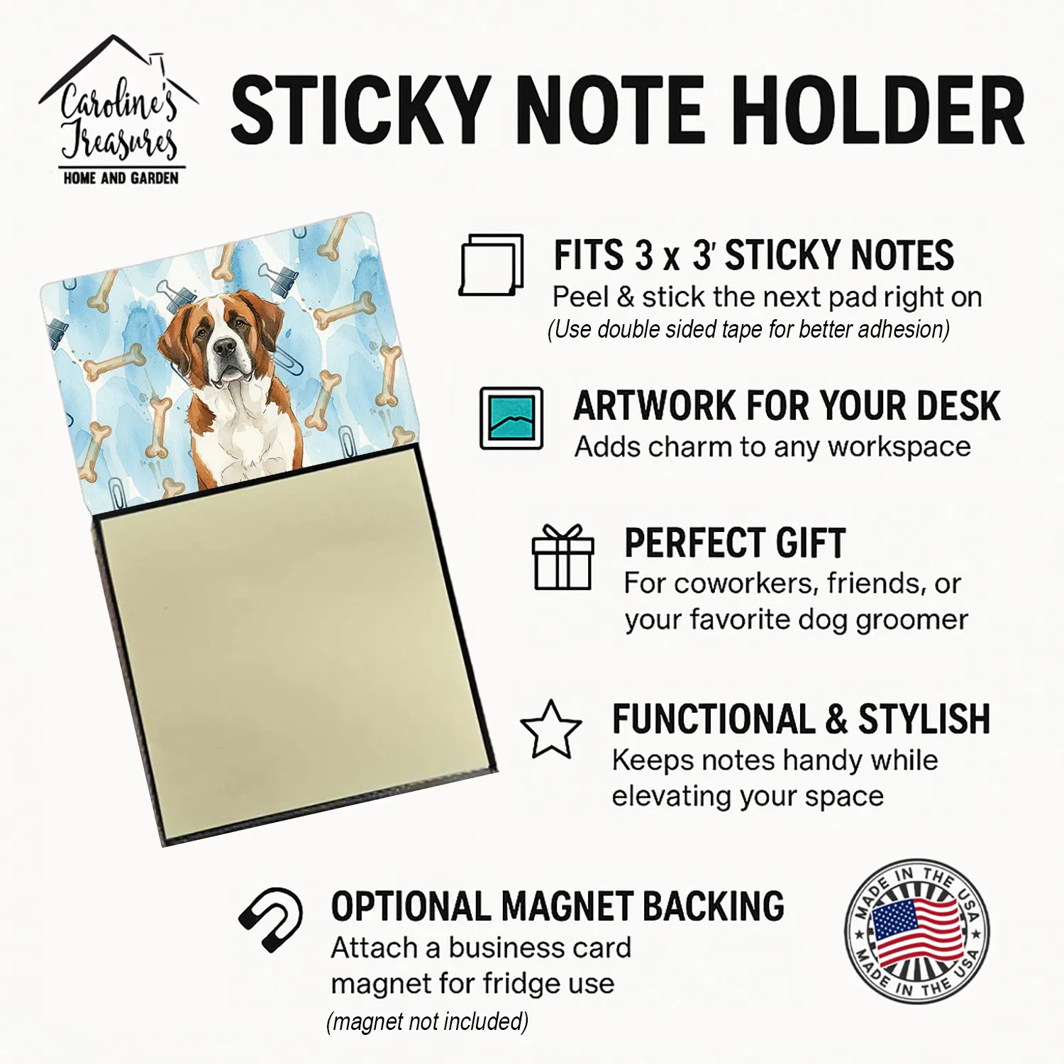 Brown and White Saint Bernard Coworker Watercolor Sticky Note Holder Refillable Dispenser Desk Accessory 3x3 Pad Gift photo 5
