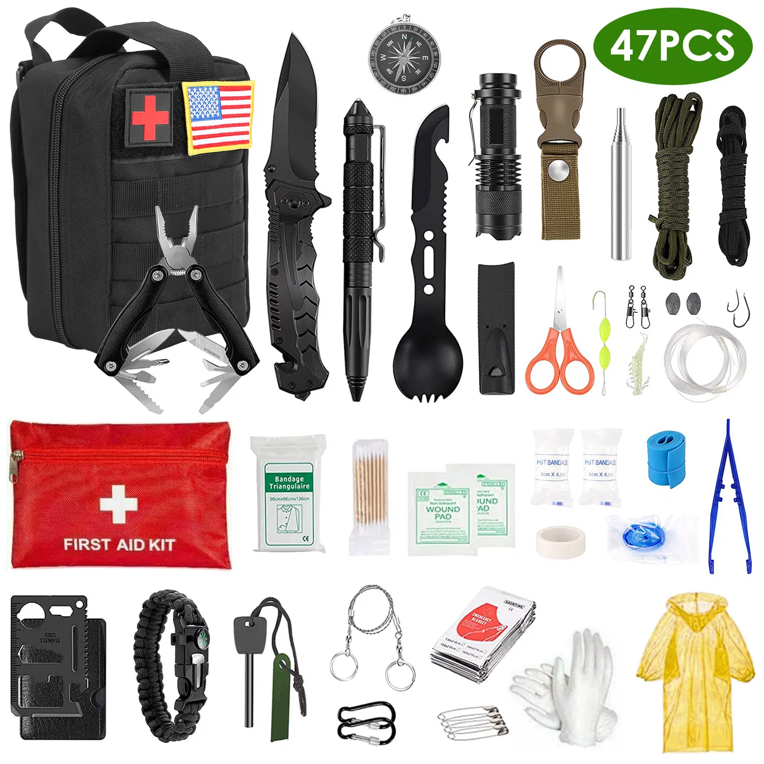 47Pcs Emergency Survival Kit Survival EDC Gear Equipment Tool First Aid Supplies Kit Tools with Pouch for Hiking Hunting Disaster Camping Adventure photo 4