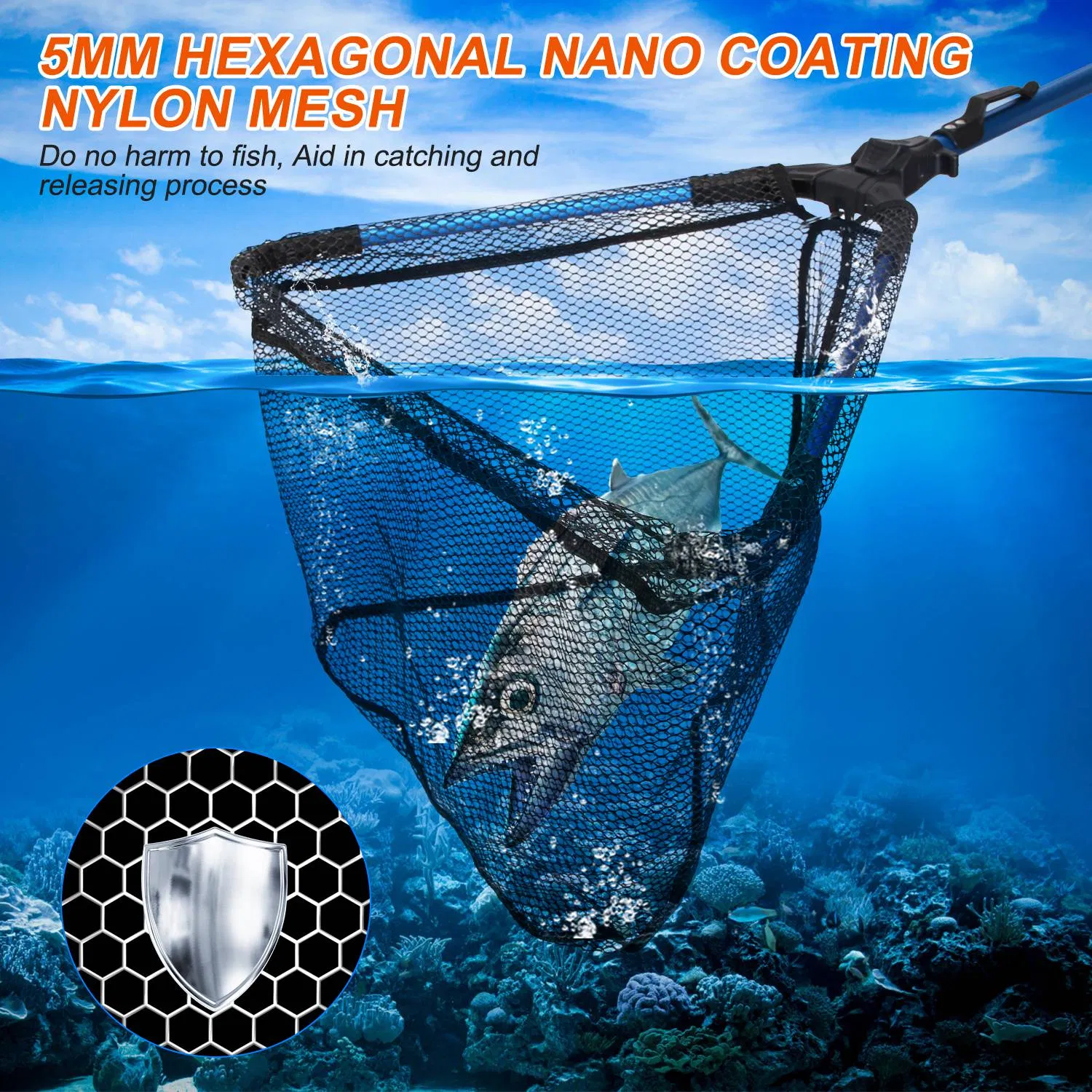 Foldable Fishing Net With Aluminum Alloy Rod EVA Handle Durable 5MM Hexagonal Nano Coating Nylon Mesh Collapsible Landing Net Safe Fish Catching or Releasing photo 5