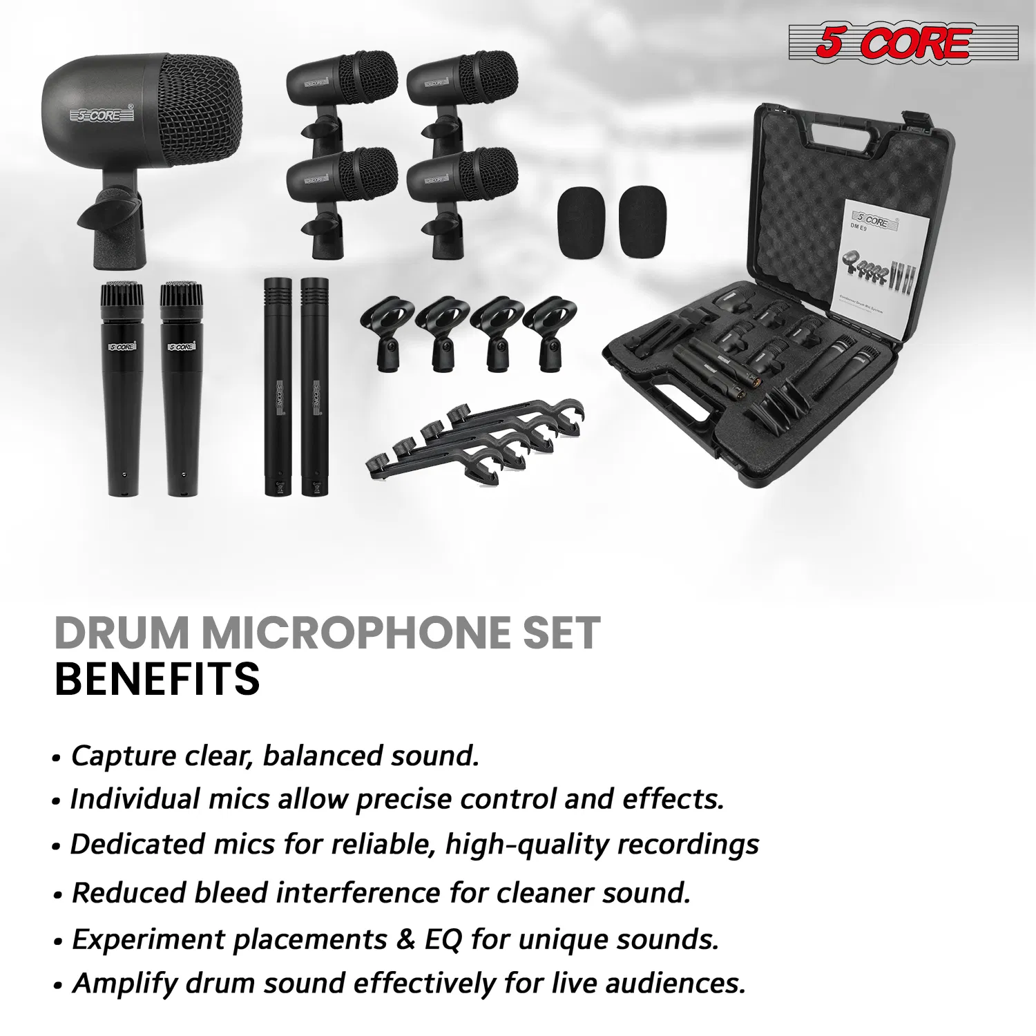 5 Core Drum Microphone Kit 9Pc All Metal Drummer Mics Tom/Snare & Cymbals Wired Instrument Drums Set photo 2