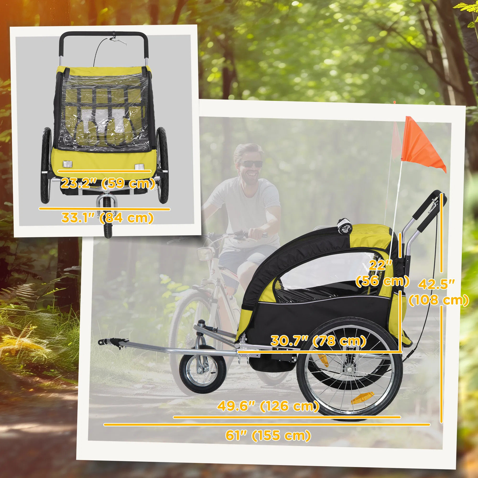 2-in-1 Bike Trailer for Kids, Foldable 2-Seat Baby Stroller with 5-Point Harness, Rubber Wheels, Storage Bag, Yellow photo 5
