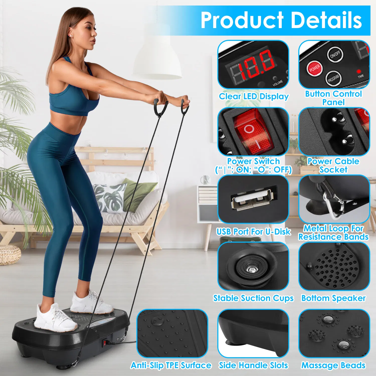 Whole Body Vibration Plate Exercise Machine 1–120 Speed Levels with 2 Resistance Bands, Touch & Remote Control Vibration Platform with Bluetooth USB Music Play for Home Fat Loss Workout photo 8