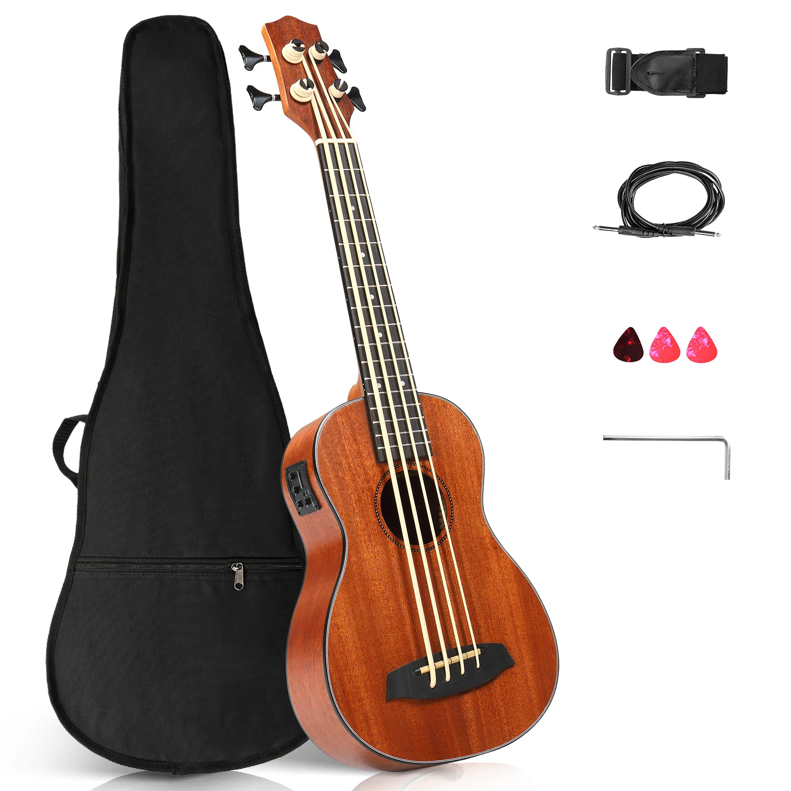 30-inch ukulele bass mahogany body with EQ, comes with cotton bag, capo, strap, picks*3, wrench tool photo 1