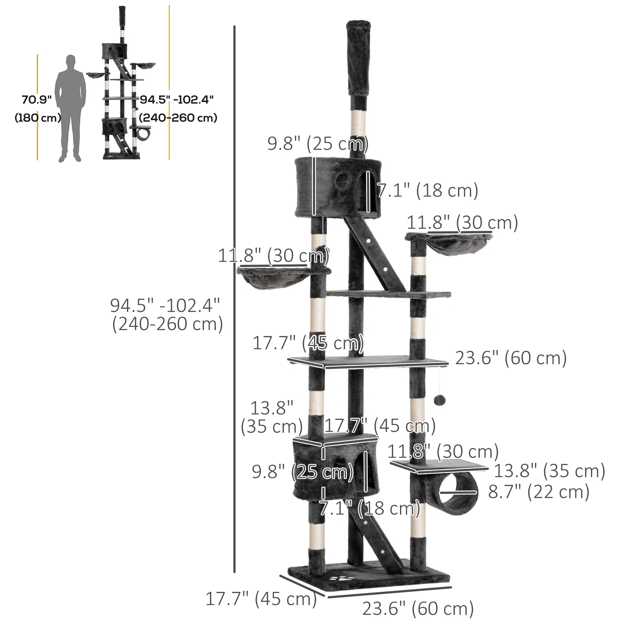94"-102" Floor to Ceiling Cat Tree High Cat Condo Scratching Post Activity Center Multi-Level Play House Dark Grey photo 6