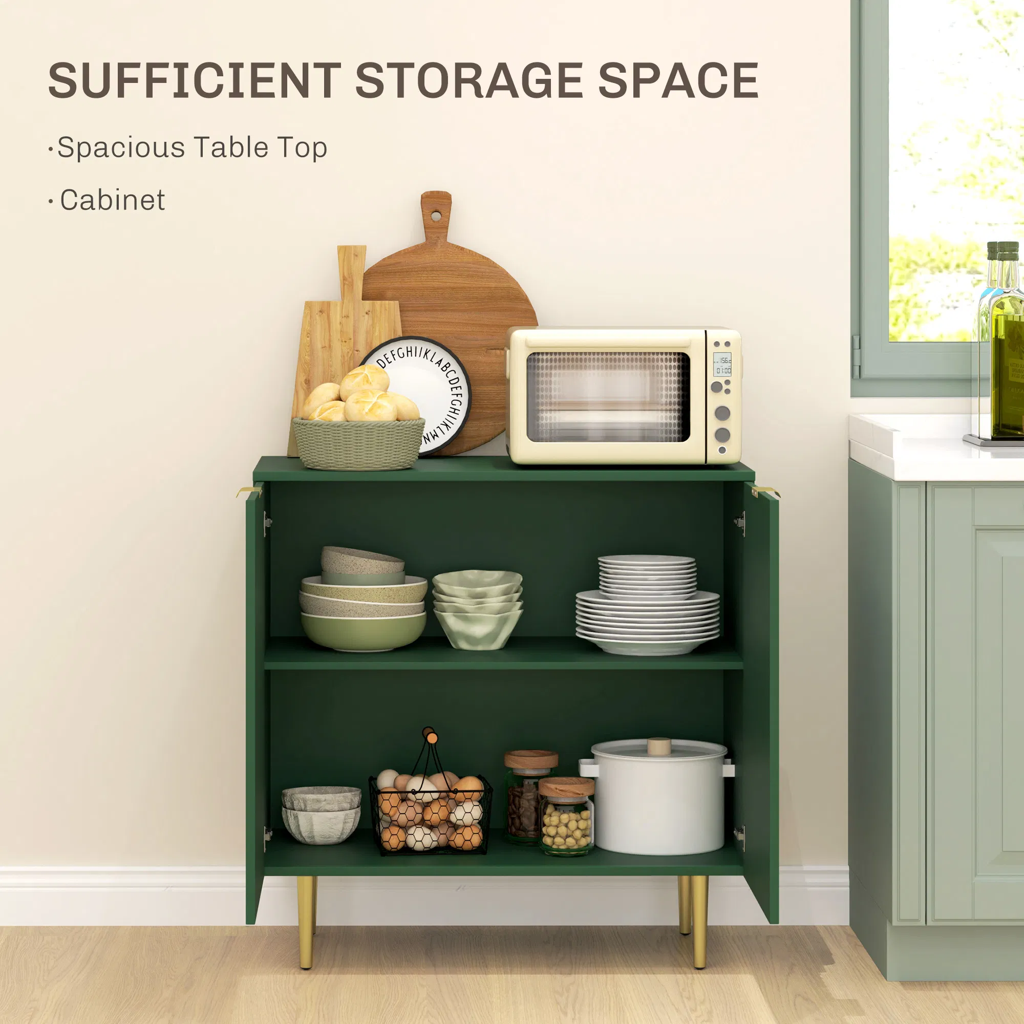 Modern Kitchen Storage Cabinet, Sideboard Buffet Cabinet with Adjustable Shelves and Metal Legs for Kitchen, Green photo 2